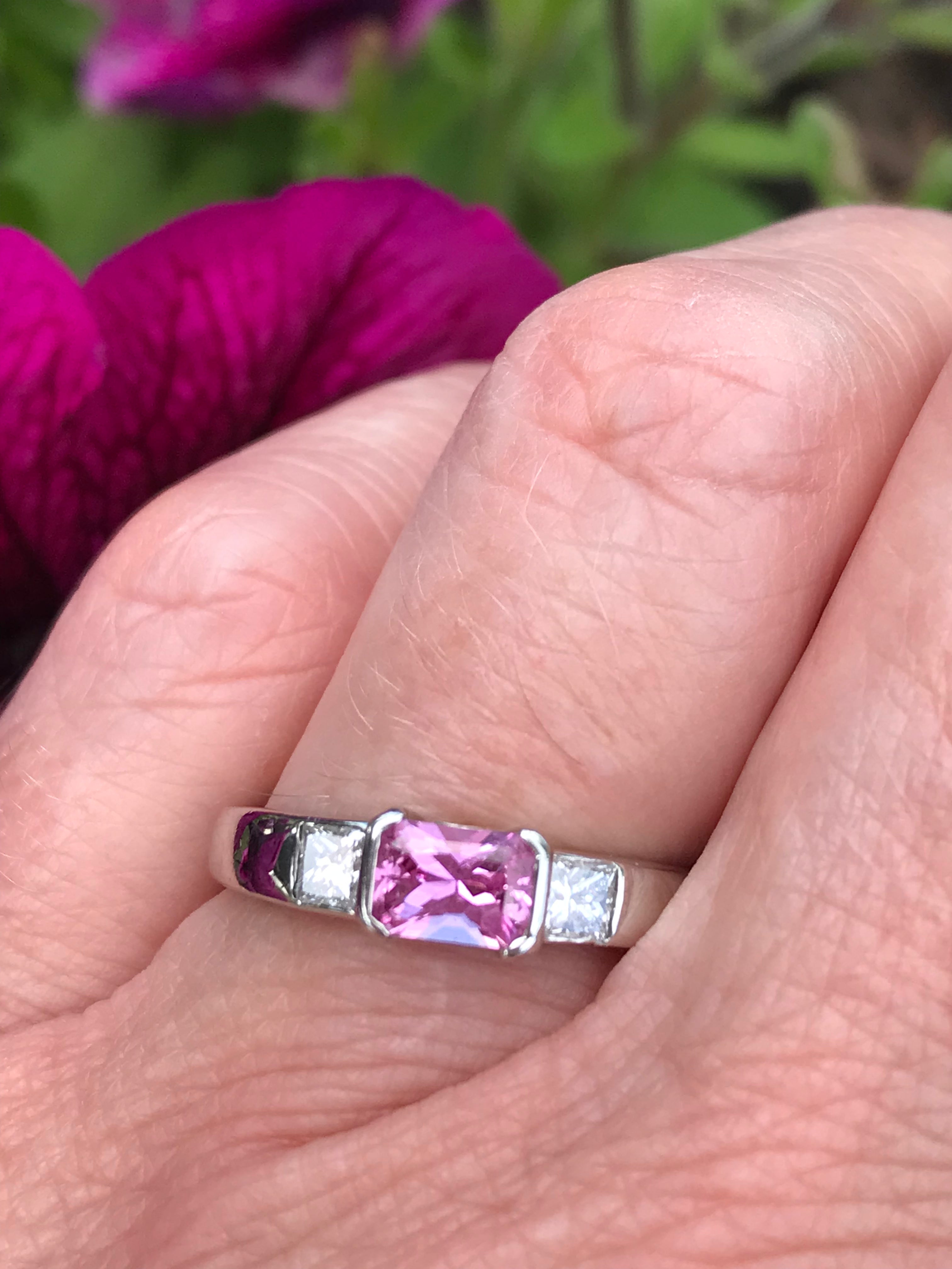 Exquisite Platinum Pink Sapphire & Diamond Trilogy Ring for Women | Elegant Engagement, Wedding, Anniversary Gift | Perfect for Proposals, Bridal Jewelry & Special Occasions