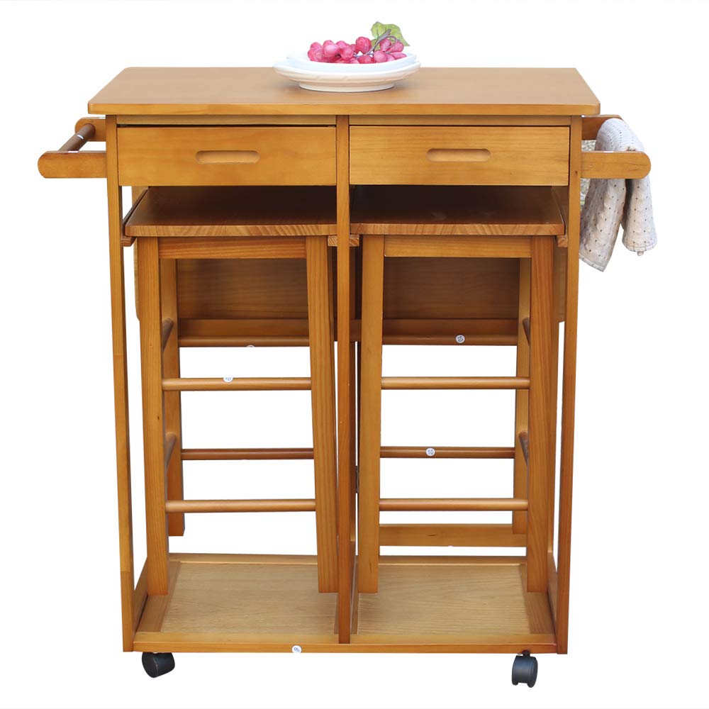 Foldable Solid Wood Drop Leaf Dining Table Set with 2 Stools & 2 Drawers - Kitchen Island Breakfast Cart, Bar Serving Trolley for Small Spaces | Perfect for Apartments, Studios & Compact Dining Rooms (Square Brown)
