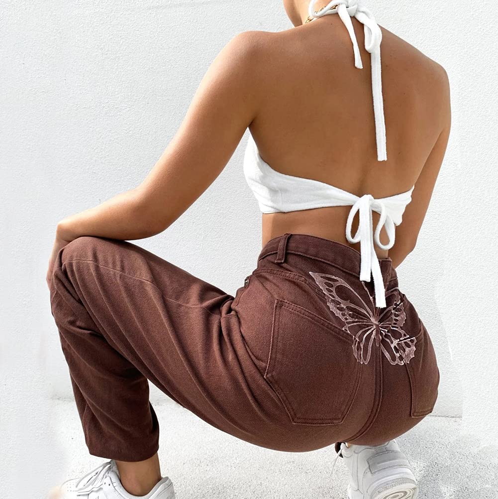 FOMOYUU Women's High Waist Loose Fit Printed Jeans - Y2K Retro Straight Leg Wide Pants for Streetwear Fashion | Casual Outfit, Party Wear & Daily Comfort