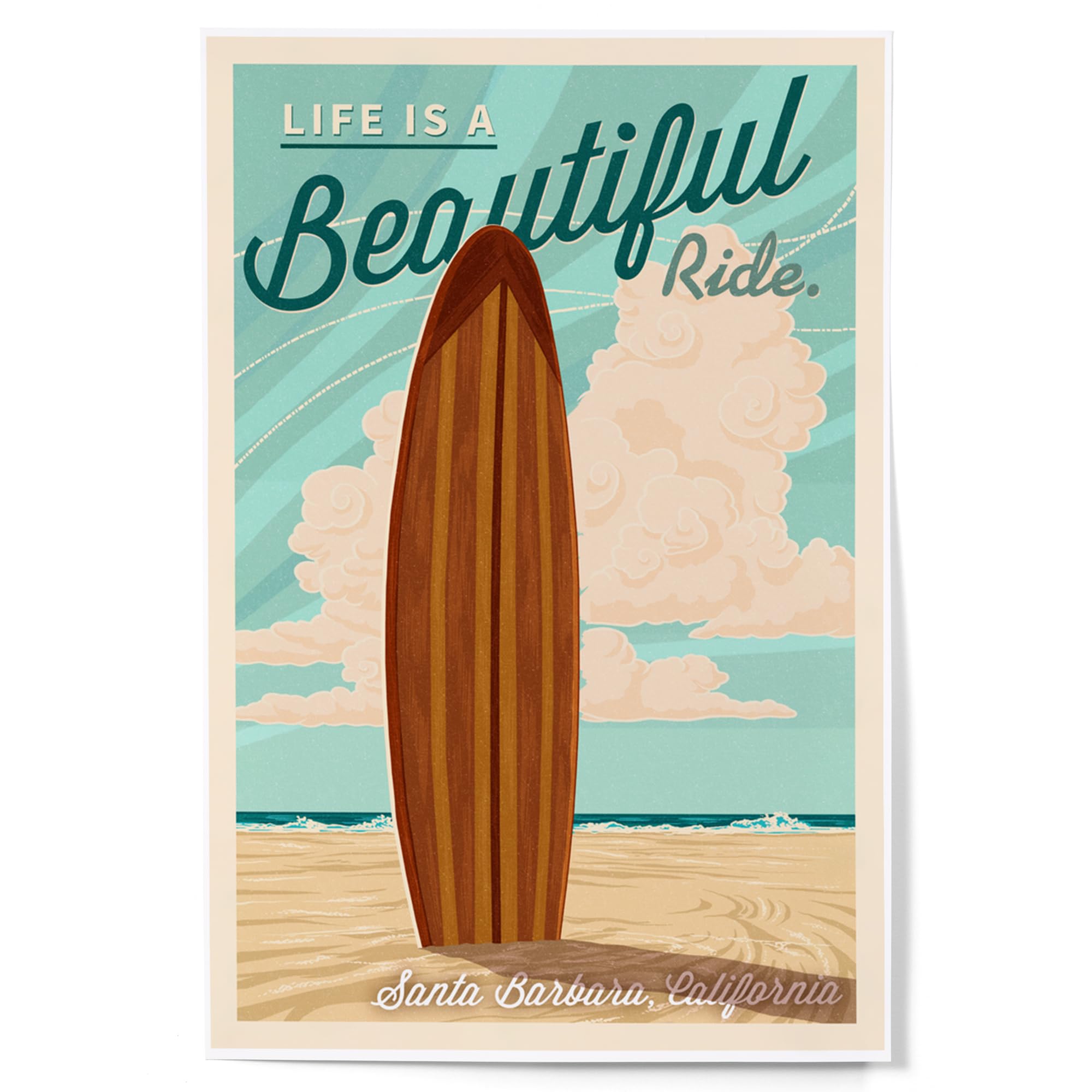 Lantern Press 12x18 Inch Santa Barbara California Surf Art Print - Vintage Letterpress Wall Decor for Beach House, Living Room & Office - 'Life is a Beautiful Ride' Coastal Theme Poster