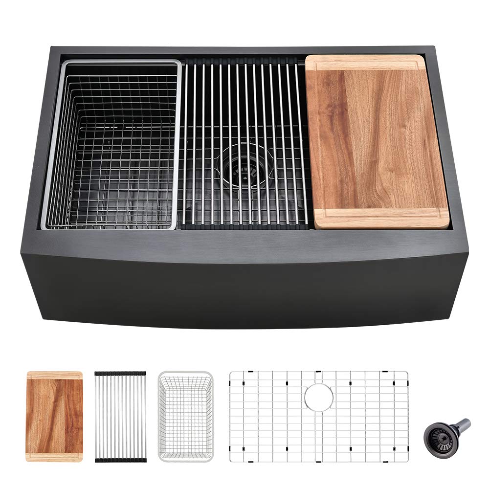 30 Inch Black Farmhouse Sink Workstation - VASOYO 30x22 Black Stainless Steel Apron Front Kitchen Sink with Cutting Board, 16 Gauge 10 Inch Deep Single Bowl for Modern Farmhouse, Rustic & Industrial Kitchens - Perfect for Meal Prep, Washing Large Pots & Entertaining