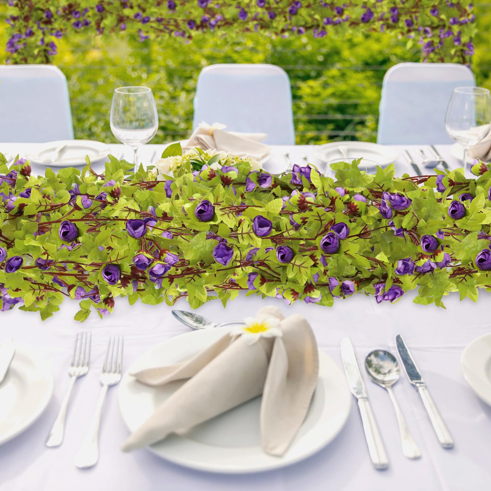 AirSun Artificial Rose Garland - 2PCS 14.5FT Fake Purple Rose Bud Vine Hanging Flowers for Wedding Arch, Garden Party, Home & Office Decoration (Blue Snow) - Perfect for Indoor/Outdoor Events, Bridal Showers & Romantic Decor
