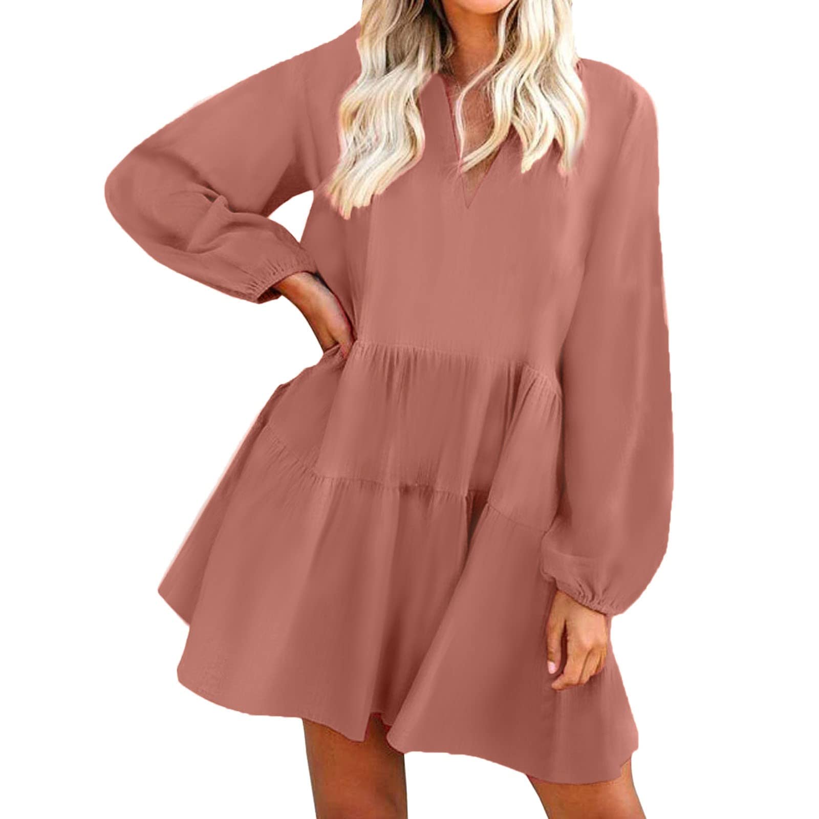 iLUGU Women's Cute Ruffle Tunic Dress - Flowy Babydoll Swing Mini Dress with Pockets for Juniors | Perfect for Casual Wear, Date Nights & Summer Outfits