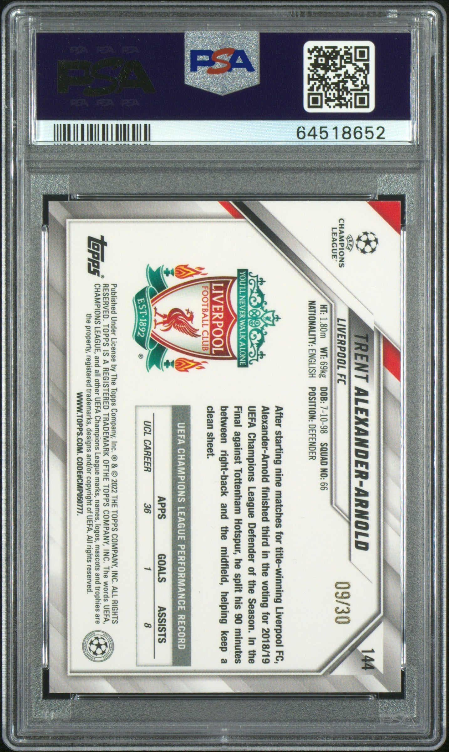 Topps Trent Alexander-Arnold Blue Foil Refractor /30 UCL 1st Edition 2021 #144 PSA 9 Graded Soccer Trading Card - Perfect for Collectors, Investors & Liverpool FC Fans