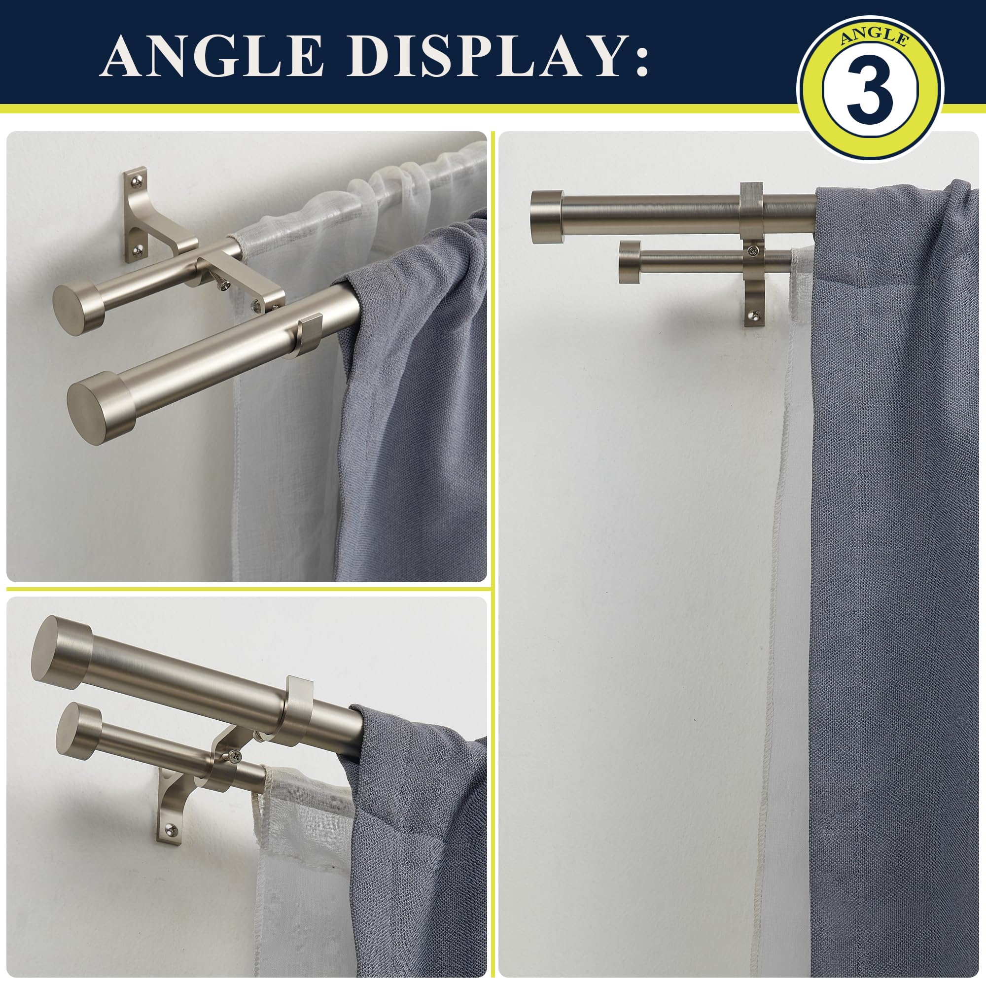 Adjustable Double Curtain Rod Set 36-72 Inches - 1'' Front & 5/8'' Back Drapery Rod with Aluminum Brackets & Finials - Brushed Nickel Finish for Living Room, Bedroom, or Office Window Decor