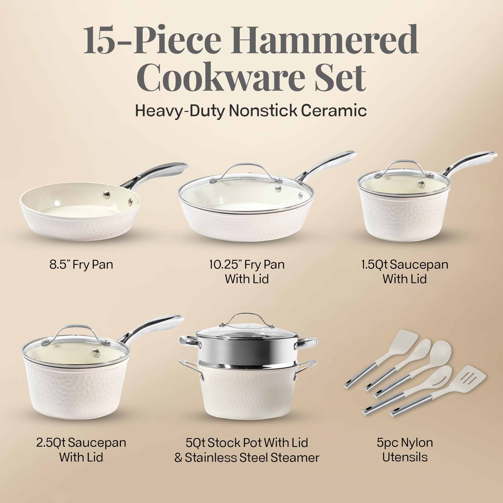 GOTHAM STEEL Hammered 15-Piece Ceramic Nonstick Cookware Set - Pots & Pans for Kitchen with Utensils, Oven & Dishwasher Safe, Non-Toxic - Perfect for Frying, Boiling, Baking & Everyday Cooking
