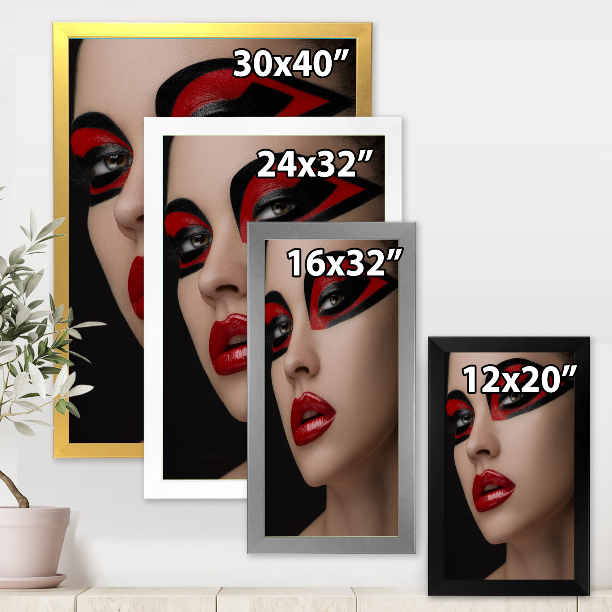 DesignQ Red Lips Black Makeup Eyes Mask Women Modern Framed Wall Art - Perfect for Living Room, Bedroom & Office Decor