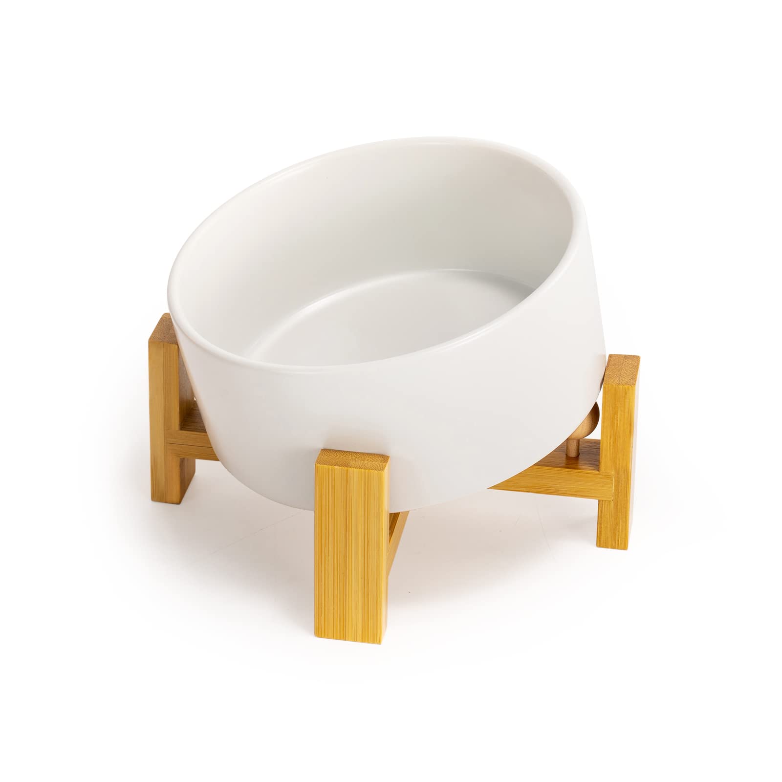 SPUNKYJUNKY 15° Tilted Ceramic Pet Bowl with Wooden Stand - Non-Slip, Non-Spill Dog & Cat Food/Water Dish for Bulldogs, Flat-Faced Breeds (28.7oz/3.6 Cups, White) - Perfect for Messy Eaters & Senior Pets at Home