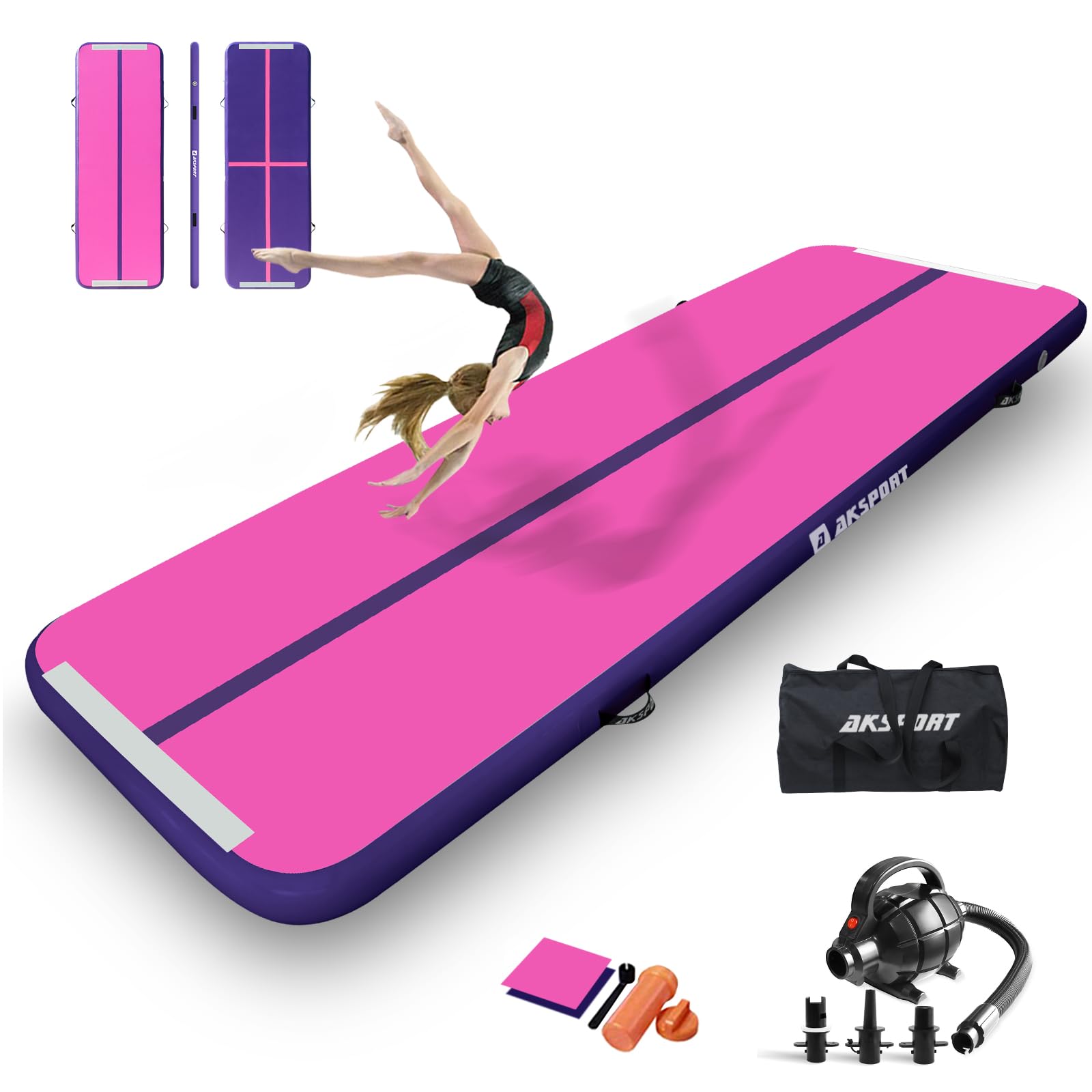 AKSPORT Inflatable Gymnastics Air Mat - Portable Tumbling Track for Home, Gym, Training | Perfect for Cheerleading, Parkour, Beach & Water Activities | Includes Air Pump
