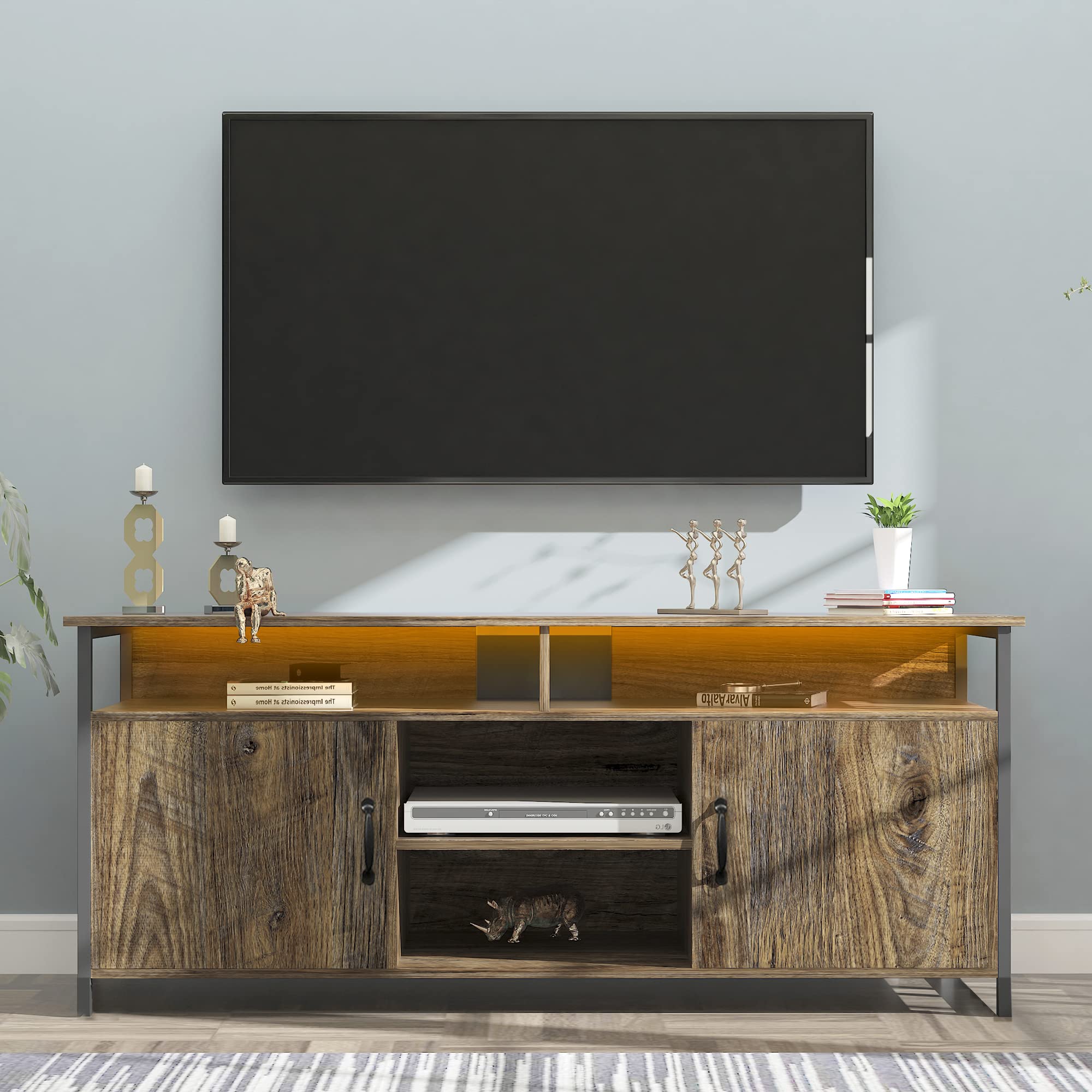Rustic Wood TV Stand with 6 Storage Shelves - Espresso Brown Media Console with Sturdy Metal Frame - Perfect for Living Room, Home Theater & Entertainment Center Organization