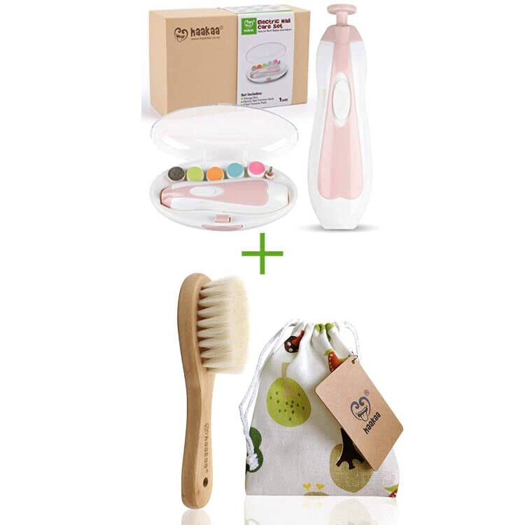 Haakaa Electric Baby Nail Trimmer & Natural Wooden Baby Hair Brush Set - Gentle Newborn Grooming Kit for Safe Nail Care and Scalp Massage at Home