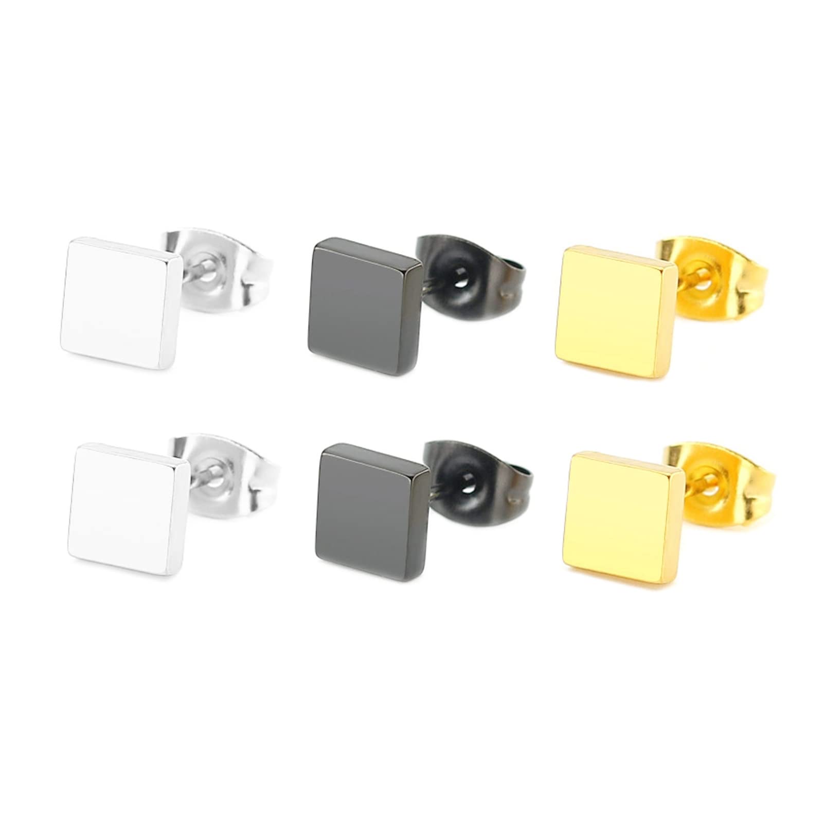 Premium Titanium Stud Earrings for Women & Men - 3 Pairs Set (Silver, Black, Gold) - 6mm & 8mm Square Polished Ear Studs - Hypoallergenic Jewelry for Daily Wear, Parties & Gifting