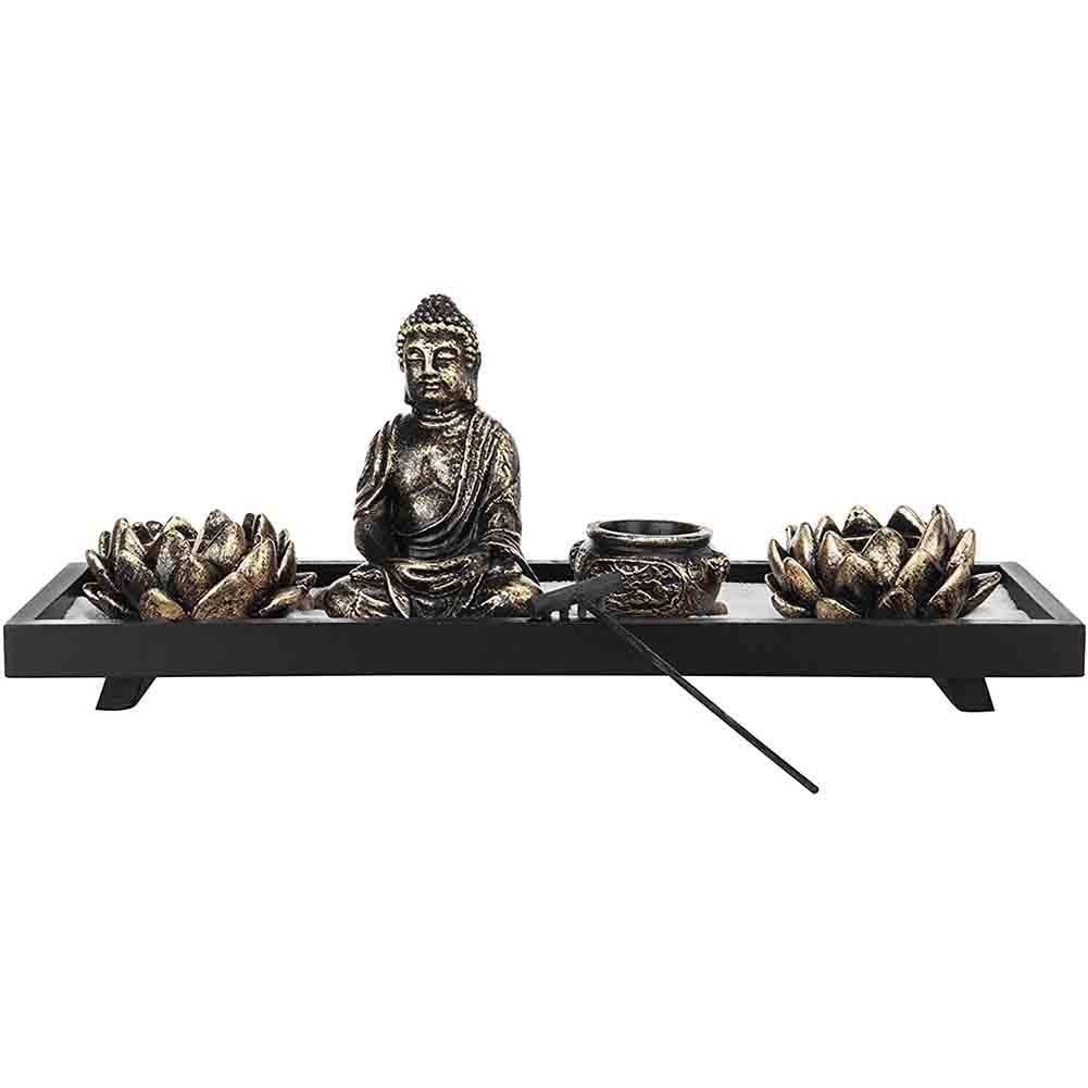Vretccioky Feng Shui Buddha Statue Candle Holder - Zen Wooden Display Tray with Sand & Incense Burner for Home Decor, Meditation Room, Yoga Studio & Gift Giving