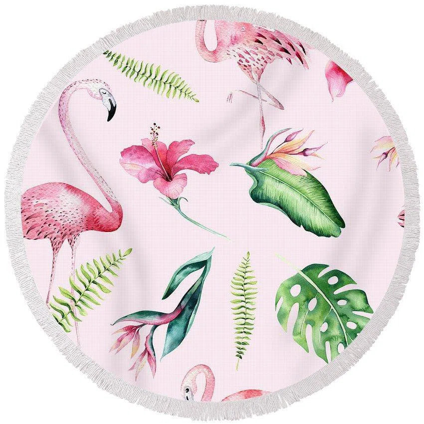 Flamingo & Hibiscus Round Beach Towel - Soft, Quick-Dry, Large 60