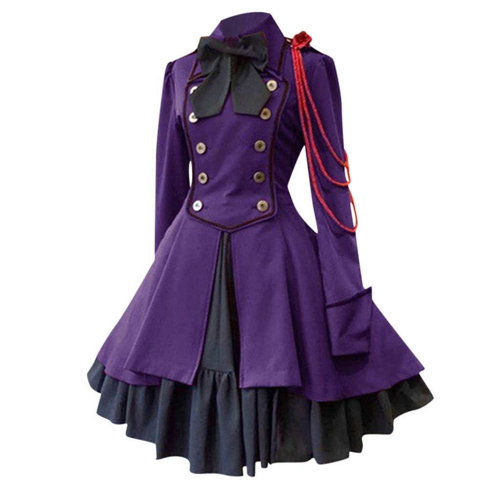 Women's Lolita Gothic Vintage Bow Ruffle Steampunk Dress - Long Sleeve Renaissance Cosplay Costume for Halloween, Anime Conventions & Victorian Themed Parties