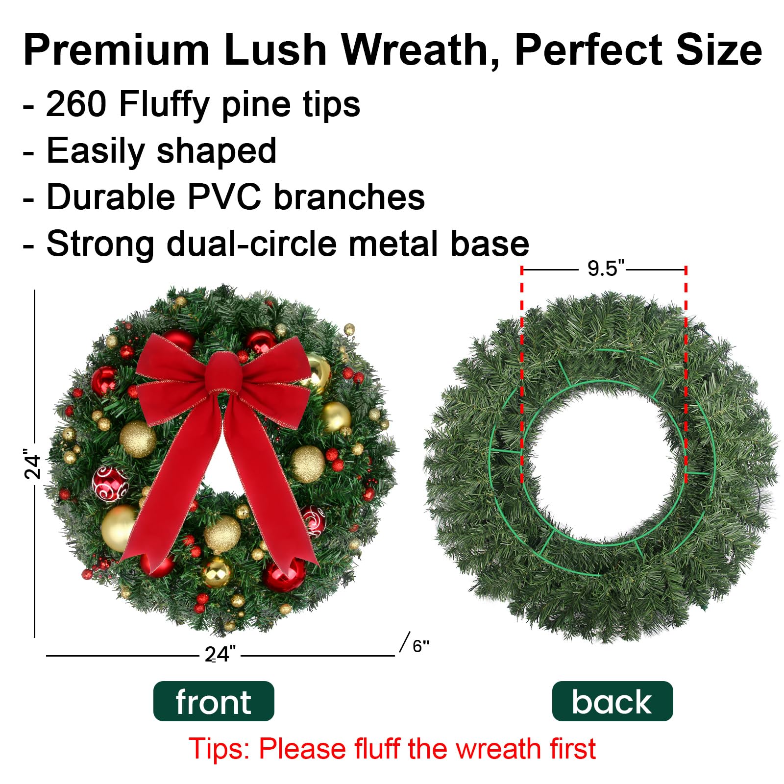 24 Inch Prelit Christmas Wreath with Battery Operated LED Lights & Remote - Waterproof Outdoor Holiday Door Wreath with Timer, 50 Warm White LEDs, Wreath Hanger & Ball Ornaments - Perfect for Front Door, Fireplace, Window & Christmas Home Decorations