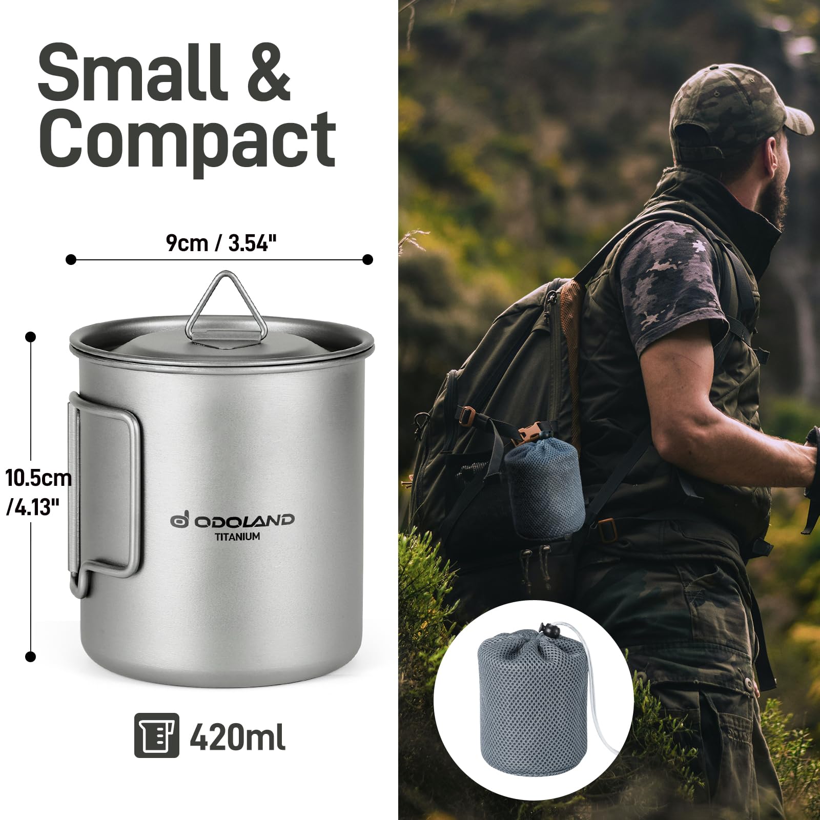 Odoland 420ML Titanium Camping Cookware Set - Lightweight Titanium Pot with Lid & Spork for Backpacking, Hiking, Travel | Perfect for Outdoor Cooking, Camping Meals & Picnic Adventures