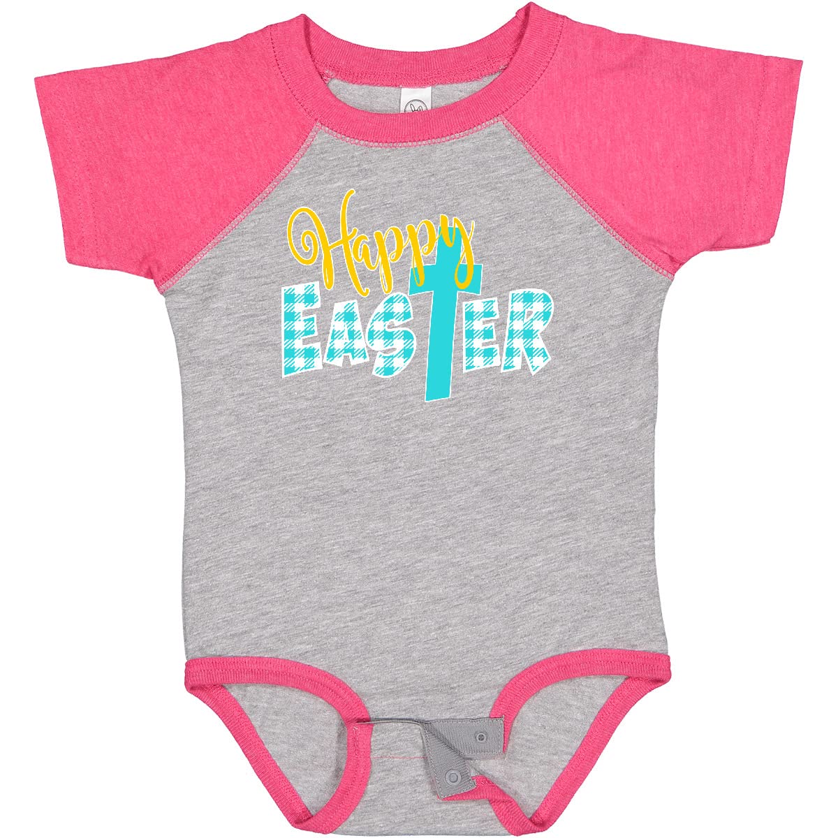 Inktastic Happy Easter with Cross in Teal Plaid Baby Bodysuit - Cute Easter Outfit for Infants, Soft Cotton Onesie for Church, Family Photos & Holiday Celebrations