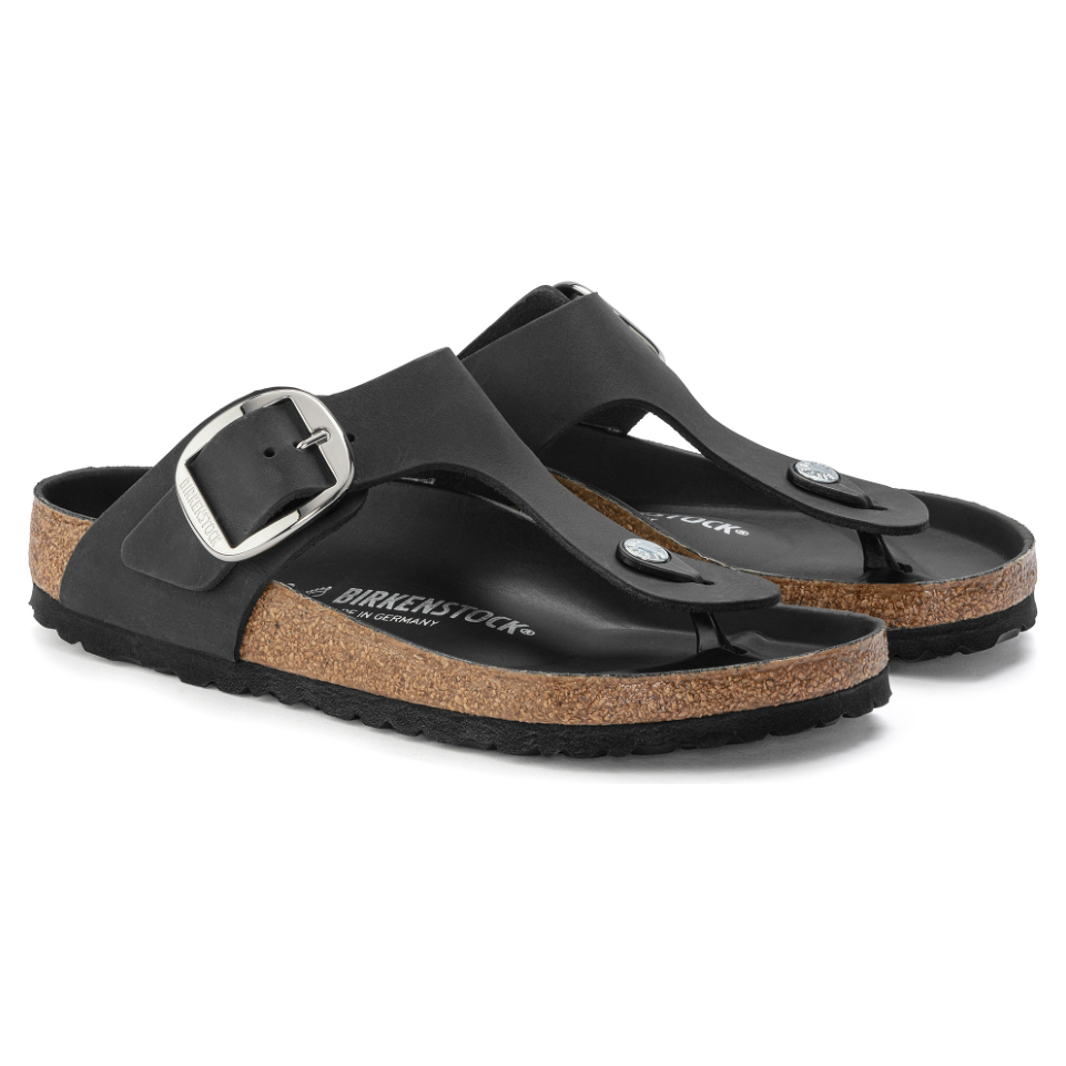 Birkenstock Women's Gizeh Big Buckle Sandals - Black Oiled Leather - Comfortable Arch Support for Walking, Travel & Casual Wear
