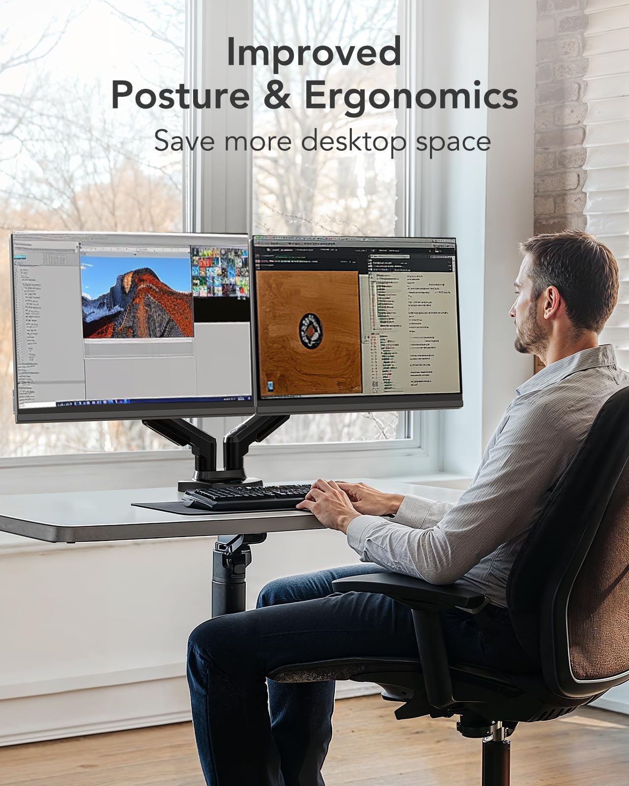 HUANUO Dual Monitor Stand - Adjustable Spring Monitor Arm for 13-32 Inch Screens, C Clamp/Grommet Mounting Base, VESA Compatible, Holds 4.4-19.8lbs - Perfect for Home Office, Gaming Setup & Workspace Ergonomics