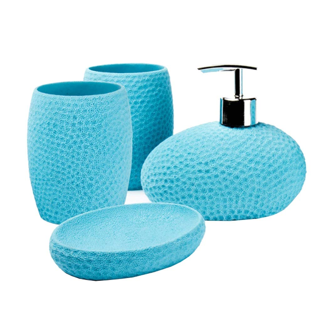 Stylish Resin Soap Dispenser Set - 4PCs Bathroom Accessories with 450ml/15.2oz Cute Lotion Pump (Blue) - Perfect for Modern Bathrooms, Guest Washrooms & Spa Decor
