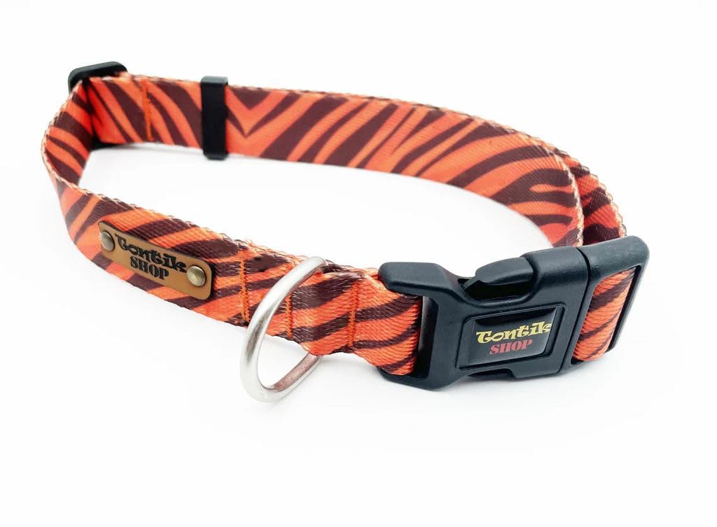 Handmade Orange Zebra Pattern Dog Collar - Durable Woven Fabric Pet Collar for Small, Medium & Large Dogs - Adjustable with D-Ring - Perfect for Walks, Training & Fashion - Tontik Shop