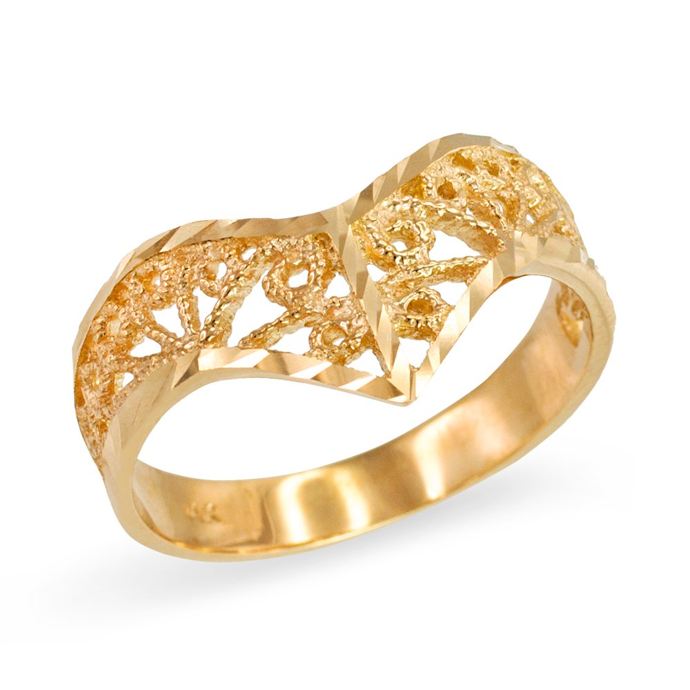 14K Yellow Gold Filigree Chevron Ring for Women - Elegant Modern Contemporary Jewelry for Weddings, Parties & Everyday Wear