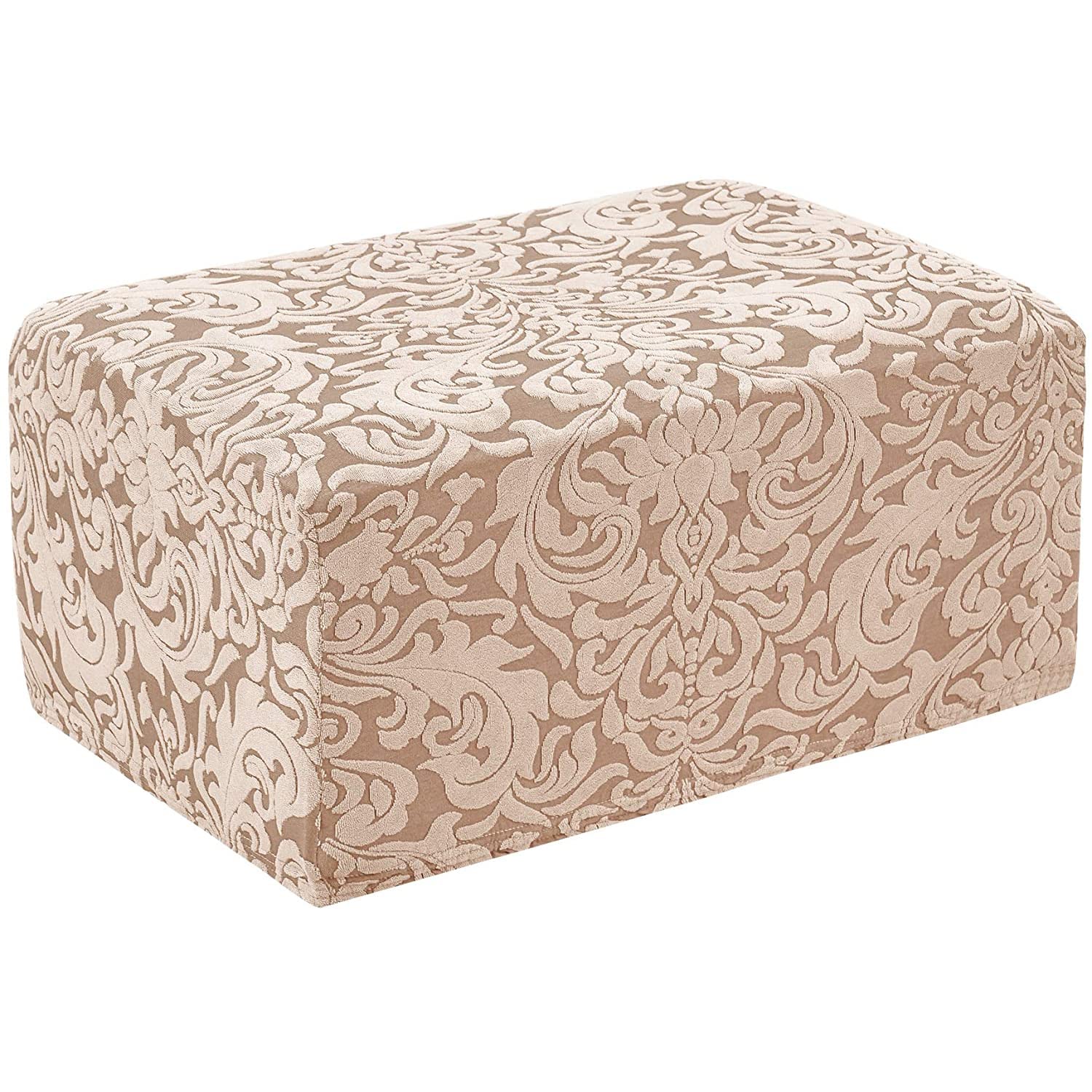 Stretch Ottoman Cover Slipcover - Jacquard Soft Elastic Footstool Protector for Living Room, Bedroom, Nursery - Rectangle Storage Ottoman Cover (Camel, 1 Piece) | Perfect for Sofa Sets, Home Decor & Pet-Friendly Furniture Protection