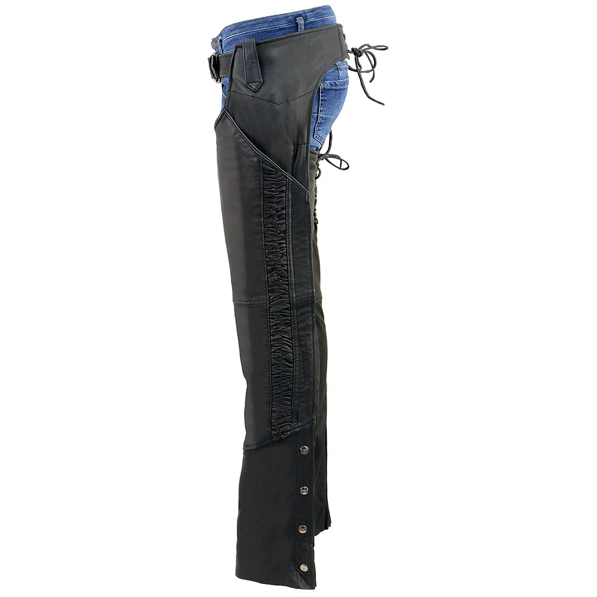 Milwaukee Women's Black Lightweight Goat Skin Motorcycle Chaps with Crinkled Stripes & Reflective Design - MLL6501 | Perfect for Riding, Biker Events & Outdoor Adventures