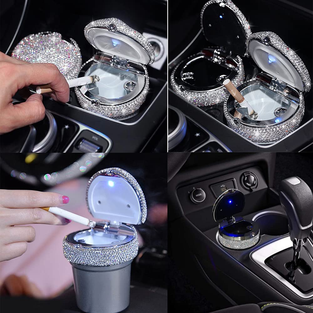 Bling Car Ashtray - Portable Luxury Crystal Cigarette Ashtray with Smell-Proof Lid, LED Light, Diamond Car Accessories - Perfect Gift for Women & Girls - Ideal for Car, Office, Home, Travel, and Outdoor Use (Red)