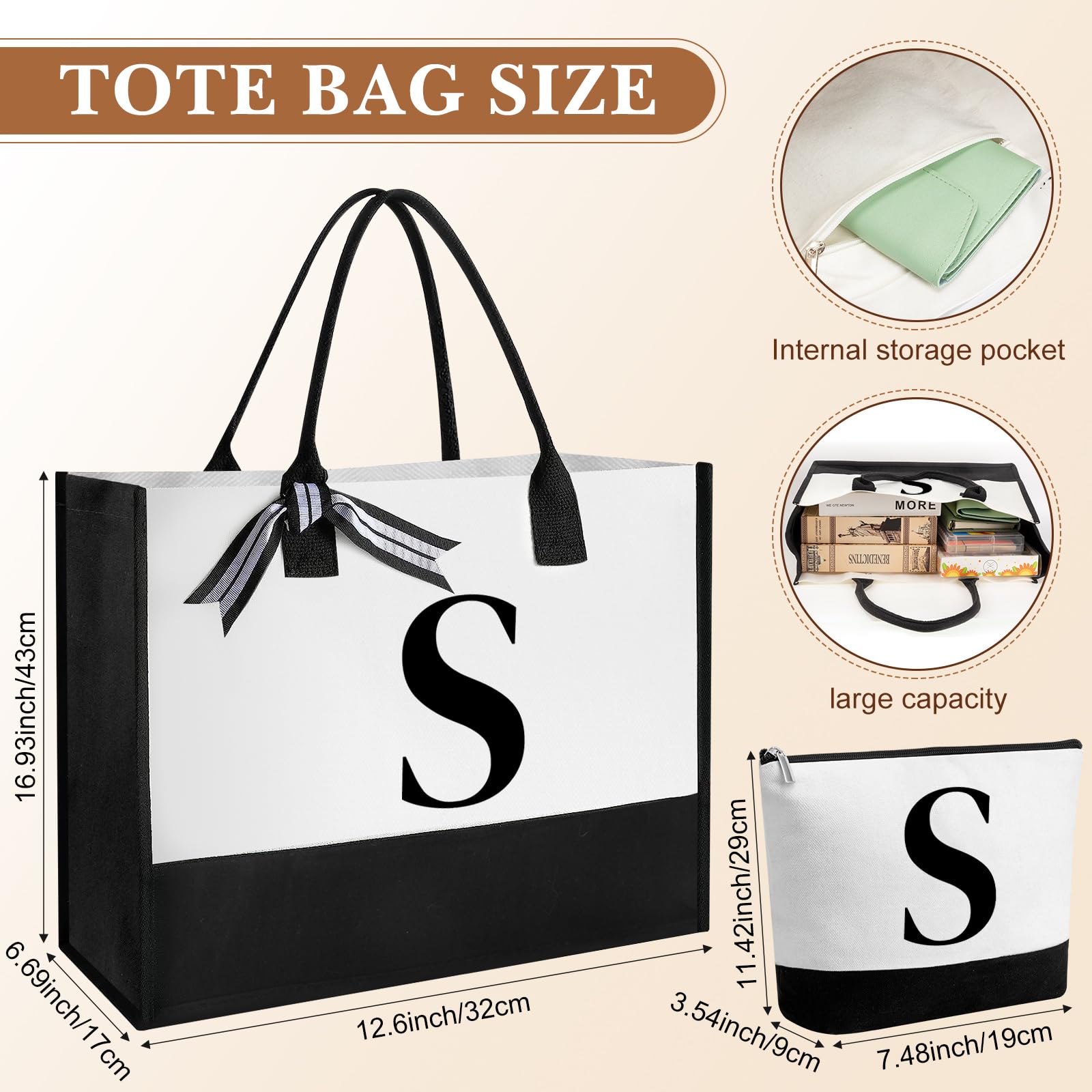 Personalized Monogram Canvas Tote Bag & Glass Coffee Cup Set - Custom Initial Gifts for Women with Zipper Makeup Pouch - Perfect for Work, Travel & Coffee Dates