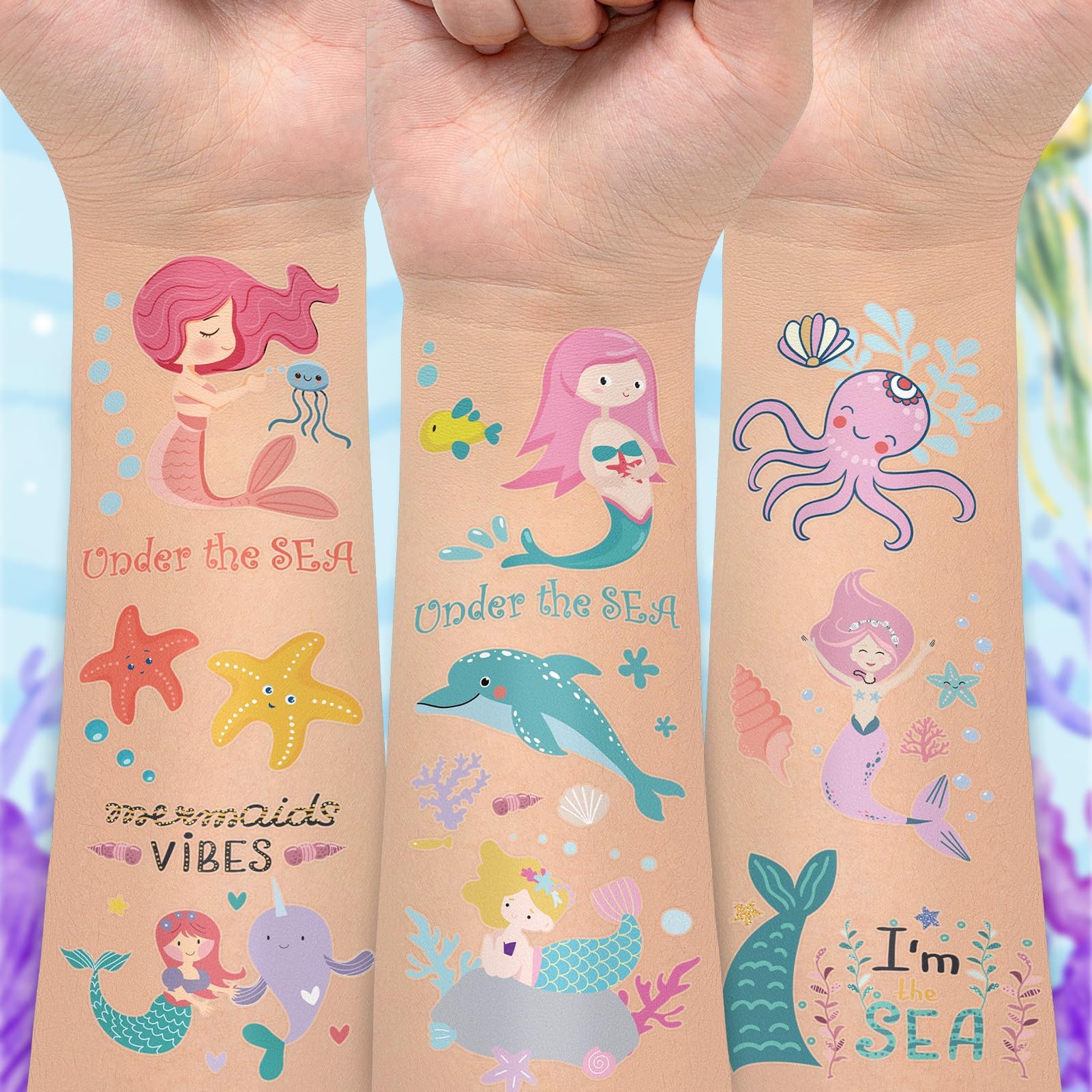 50 Sheets Mermaid Temporary Tattoos for Kids - Individually Wrapped Ocean Themed Tattoo Stickers for Birthday Parties, Mermaid Games & Summer Beach Activities - Perfect for Girls' Party Favors, Decorations & Underwater Themed Events