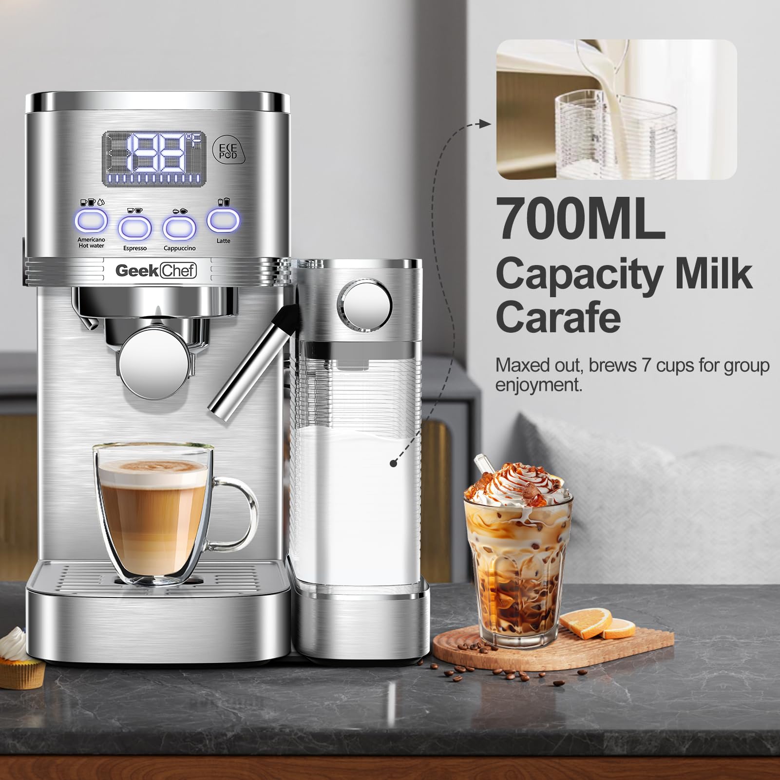 Premium Geek Chef 20Bar Espresso & Cappuccino Machine with Auto Milk Frother - Stainless Steel Home Coffee Maker for Latte, Cappuccino & ESE Pods | Perfect Gift for Coffee Lovers | Ideal for Home Kitchens, Offices & Cafés