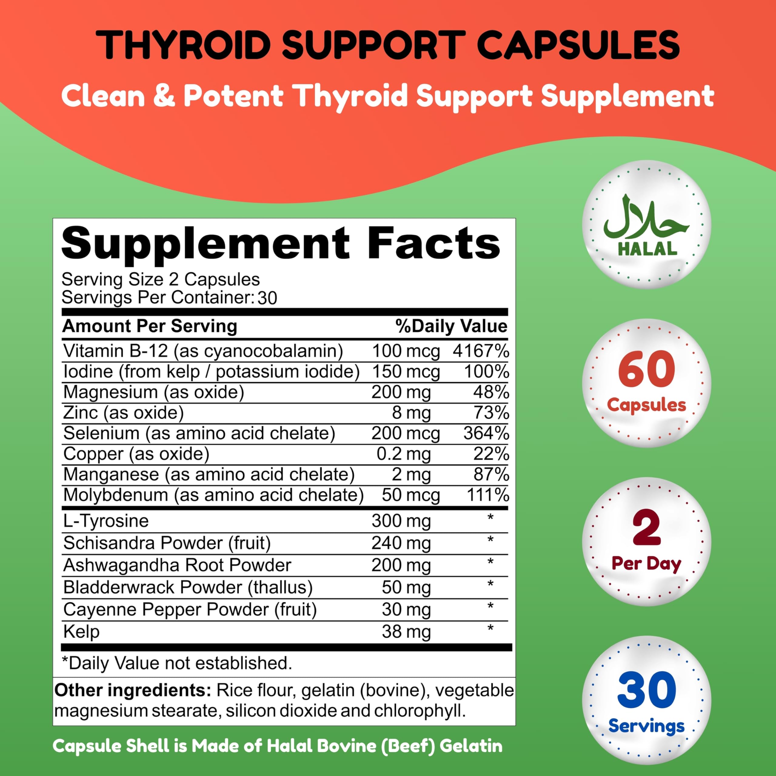 Halal Thyroid Support Supplement - 30 Servings | Non-GMO Formula with B12, Iodine, Selenium & L-Tyrosine | Boosts Energy, Metabolism, Focus & Mental Clarity | Supports Cortisol Balance | Ideal for Thyroid Health & Fatigue Relief