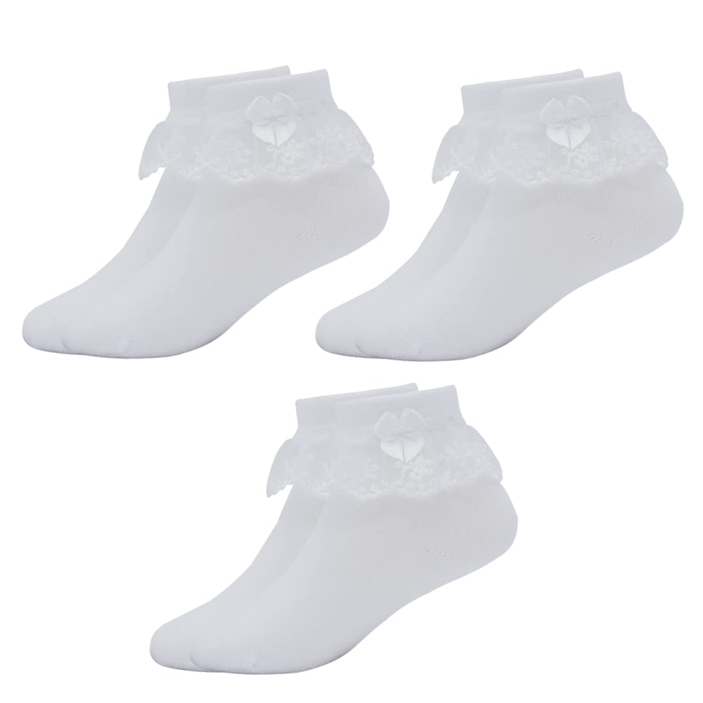 Snegyu Girls Ruffle Ankle Socks 6-Pack - White Cotton Lace Trim with Bows for School, Dress Up & Everyday Wear (Ages 3-16) - Cute Frilly Socks for Kids, Toddlers & Teens
