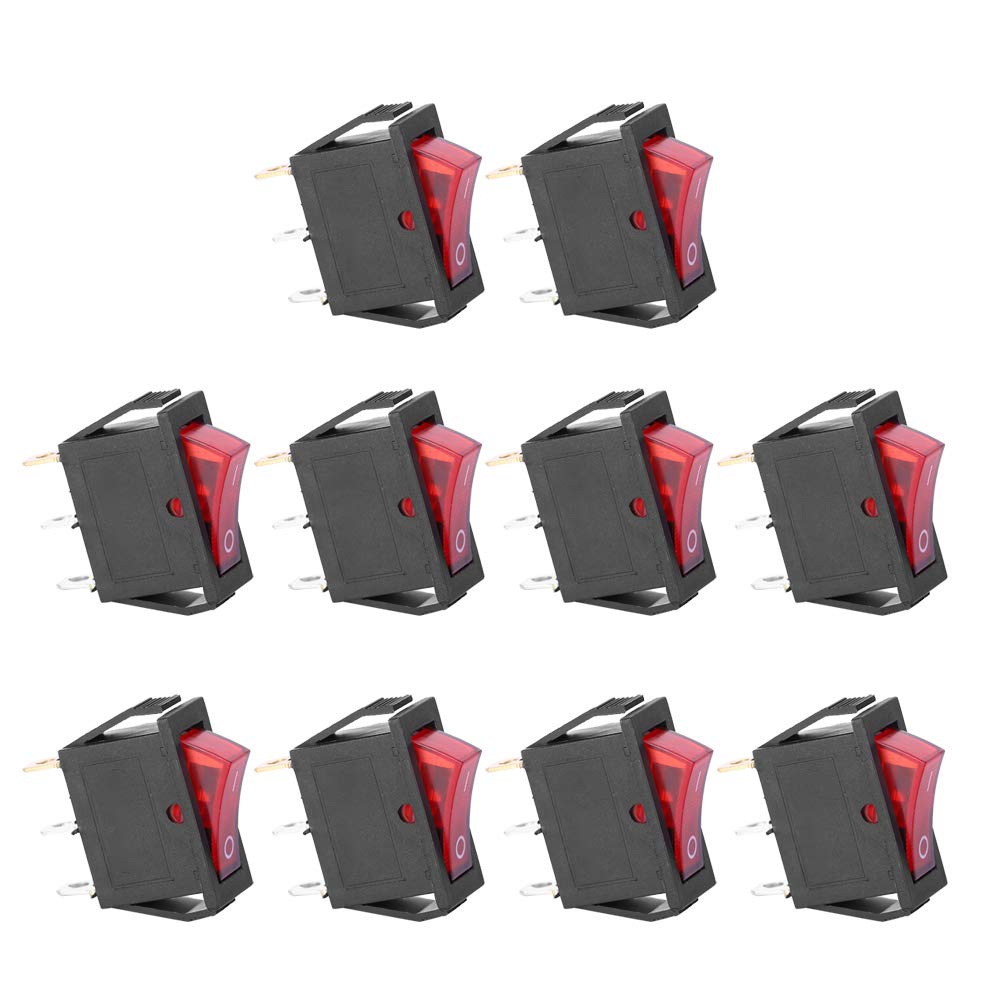 FTVOGUE 10-Pack 3-Pin Rocker Switch ON/OFF with Red LED - 2-Position Toggle Switch for Car, Boat, RV & Household Appliances | KCD3 Series Electronic Components | Perfect for Automotive Dashboards, Marine Control Panels & DIY Electronics Projects