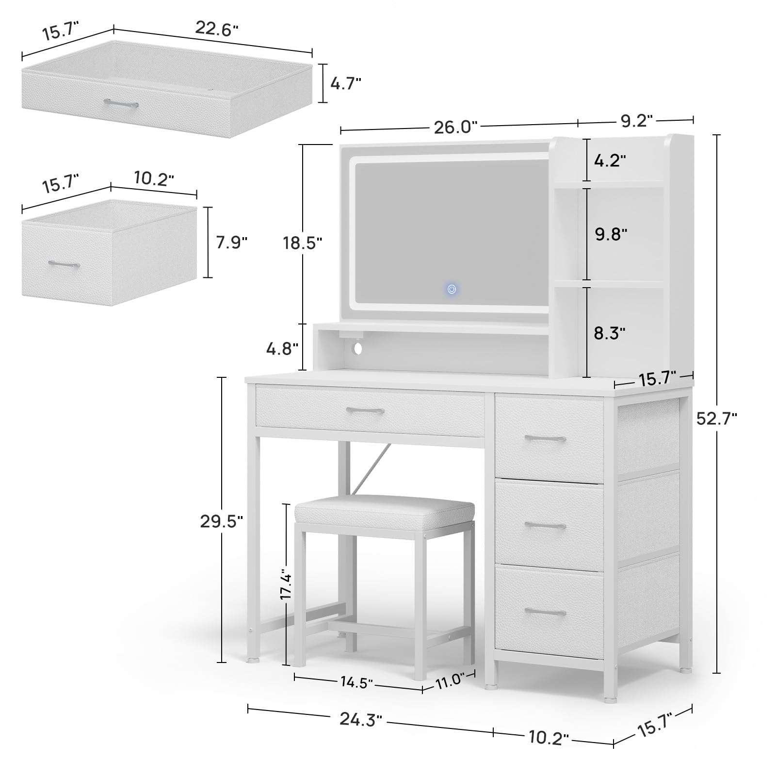 Rolanstar White Vanity Desk Set with Mirror, LED Lights & Stool - 4 Drawers, Power Outlets, Storage Compartments - Modern Dressing Table for Makeup, Skincare & Bedroom Organization (Perfect for Small Spaces & Beauty Routines)