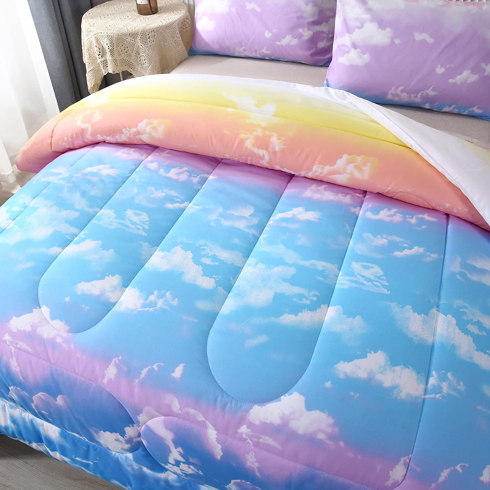 Mengersi Reversible Rainbow Comforter Set for Girls - Twin Size Pink & Sky Blue Solid Bedding - Perfect for Kids' Bedroom, Dorm Room & Sleepovers