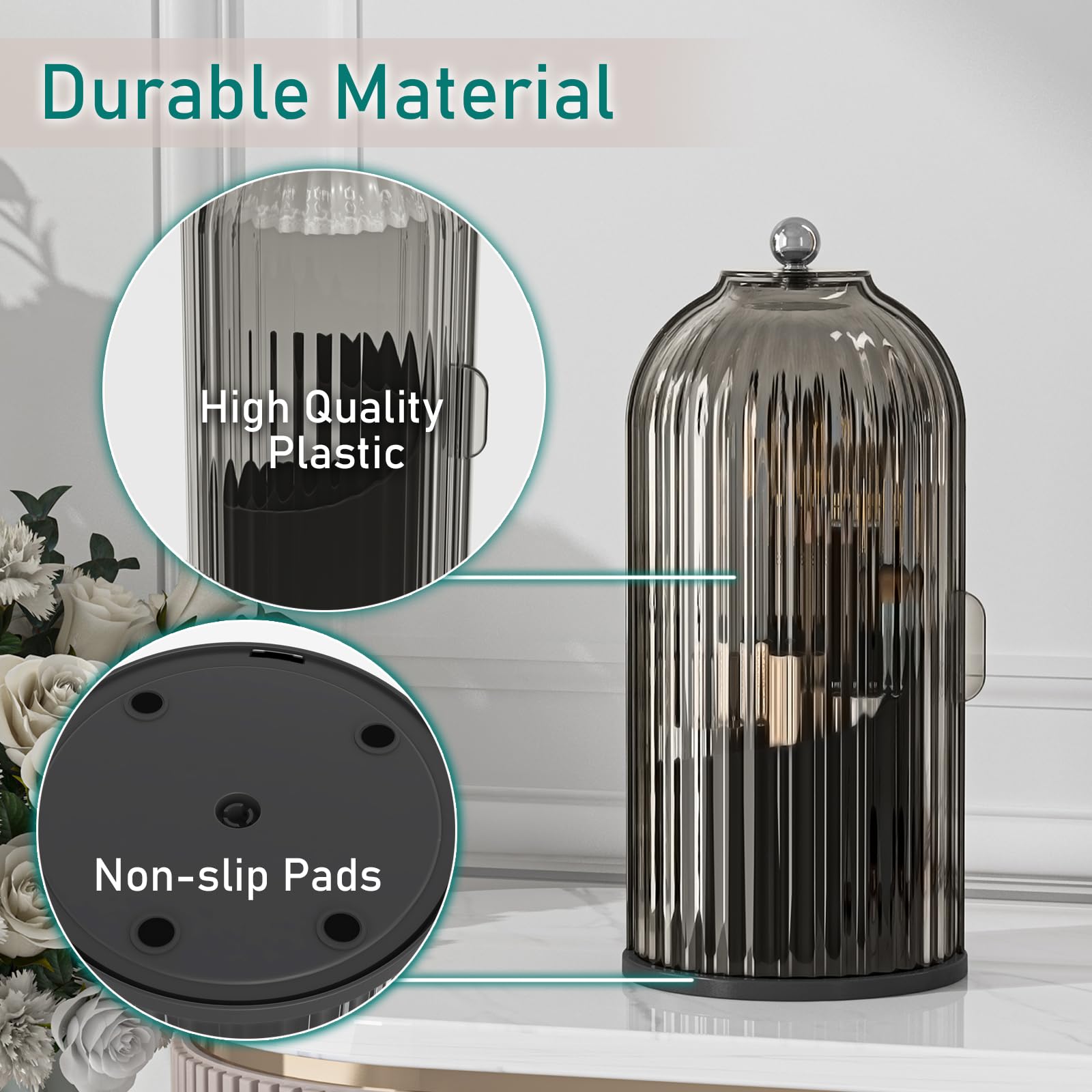 360° Rotating Waterproof Makeup Brush Holder with Lid - Dustproof Cosmetic Organizer for Beauty Brushes & Tools | Vanity Storage for Home, Salon, Travel (Black-Grey)