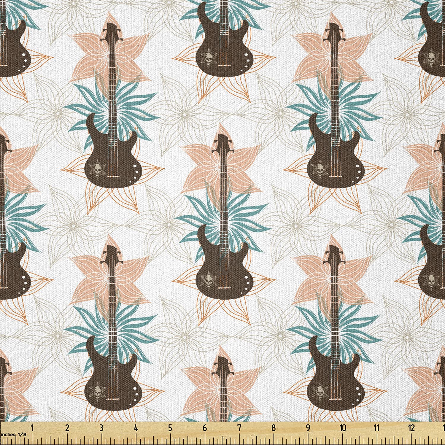 Ambesonne Guitar Fabric by The Yard - Grunge Bass Guitars with Skulls & Blooming Abstract Flowers Stretch Knit Fabric (10 Yards, Peach Teal Dark Brown) for DIY Clothing, Sewing Projects & Arts Crafts - Perfect for Rocker Outfits, Band Merch & Gothic Home Decor