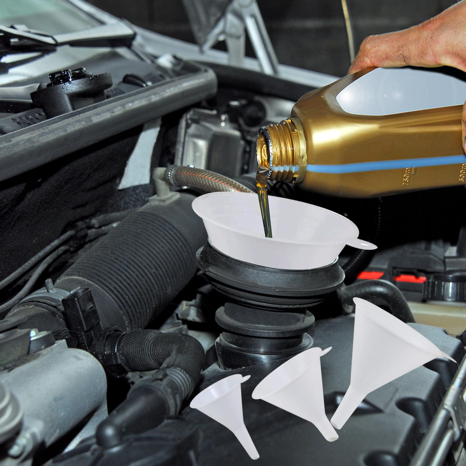 4-Piece Plastic Oil Funnel Set for Automotive Use - Transmission, Fuel, Lubricants & Fluids - White Car Funnels for Easy DIY Maintenance & Fluid Changes