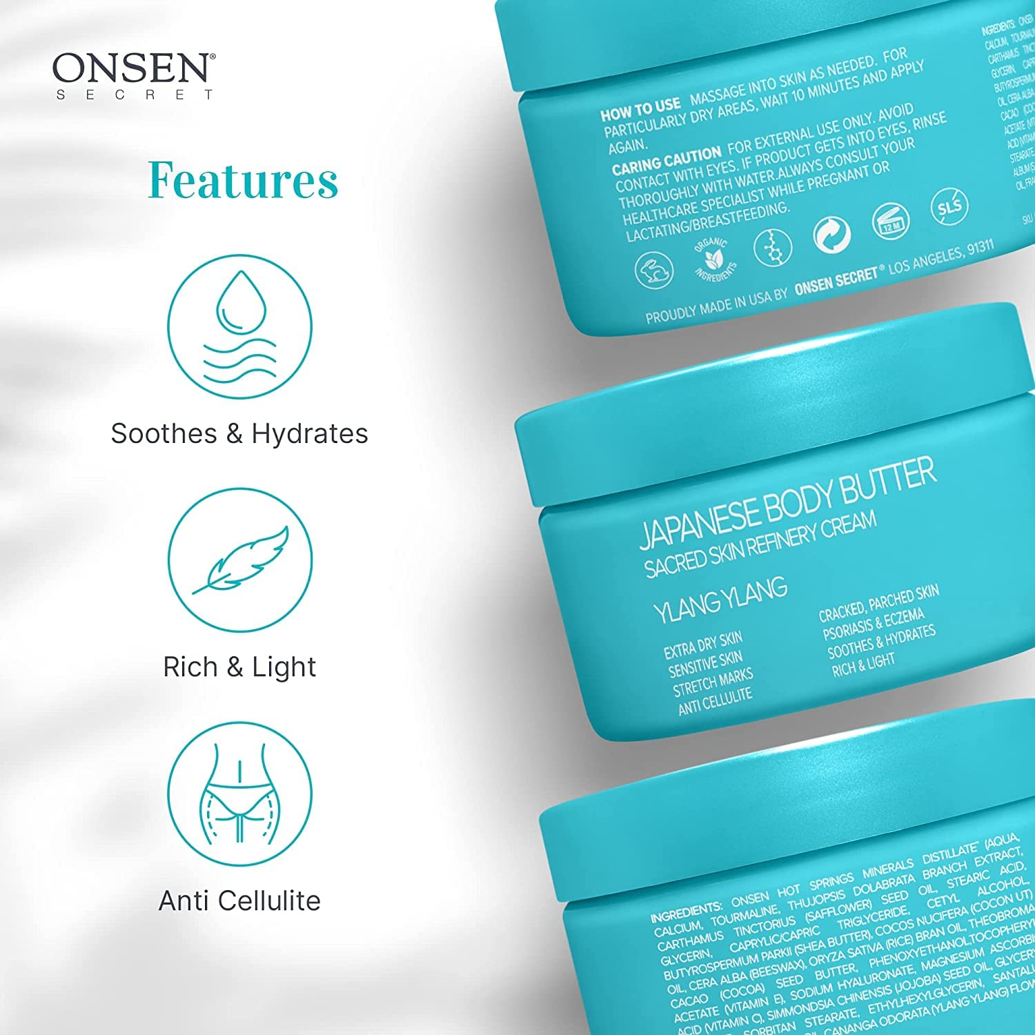 Japanese Onsen Body Butter for Women - Natural & Organic Shea Butter Moisturizer with Coconut Oil & Vitamin E - Skin Refining & Exfoliating Cream - 8.6 fl oz (255ml) - Ylang Ylang Scent - Perfect for Dry Skin Care & Spa Night Relaxation