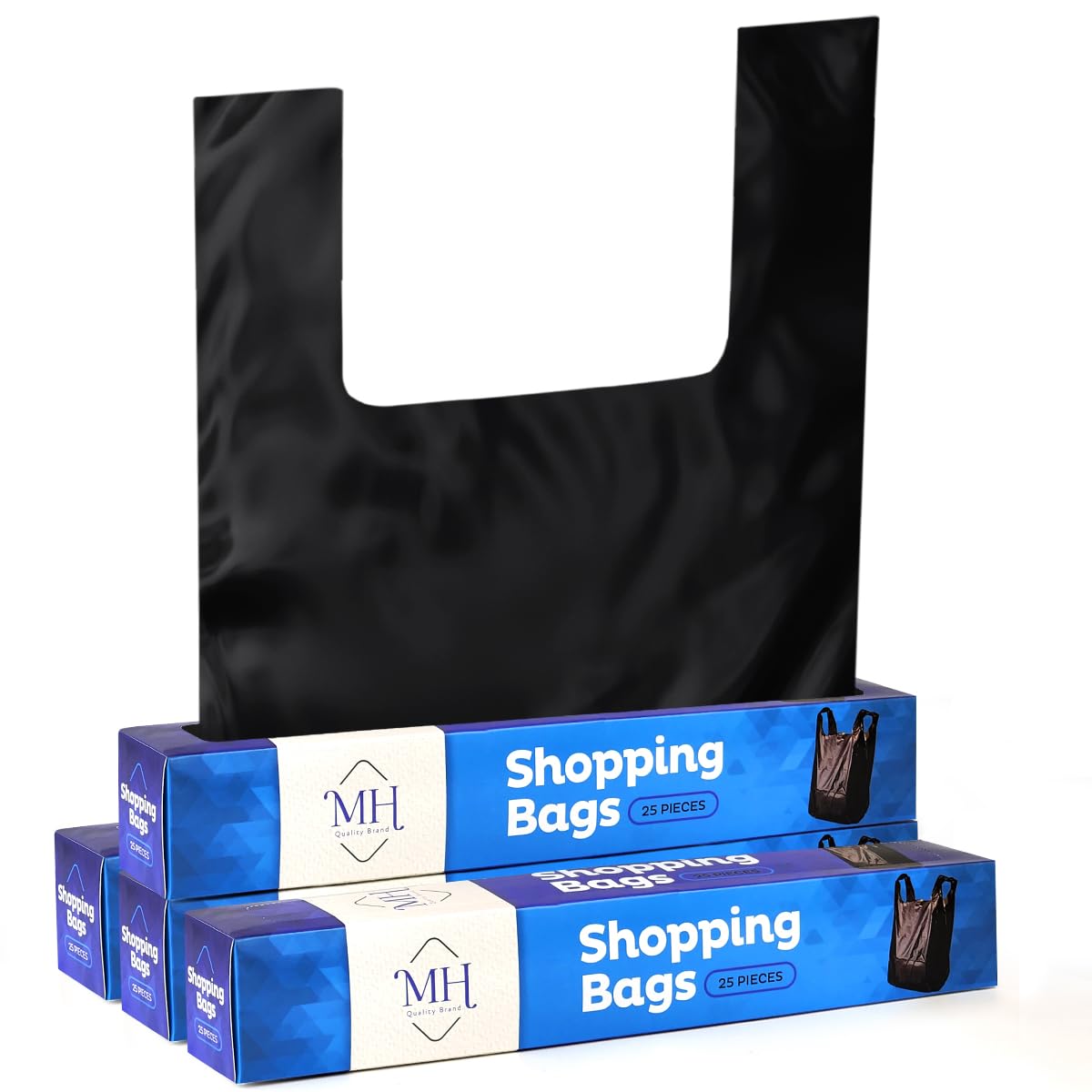 Black Plastic Bags With Handles - 100 Count (4 Boxes of 25) for Small Business, Retail Stores & Restaurants - Durable Grocery Shopping & Merchandise Bags - Perfect for Office Wastebaskets, Kitchen Trash & Commercial Use