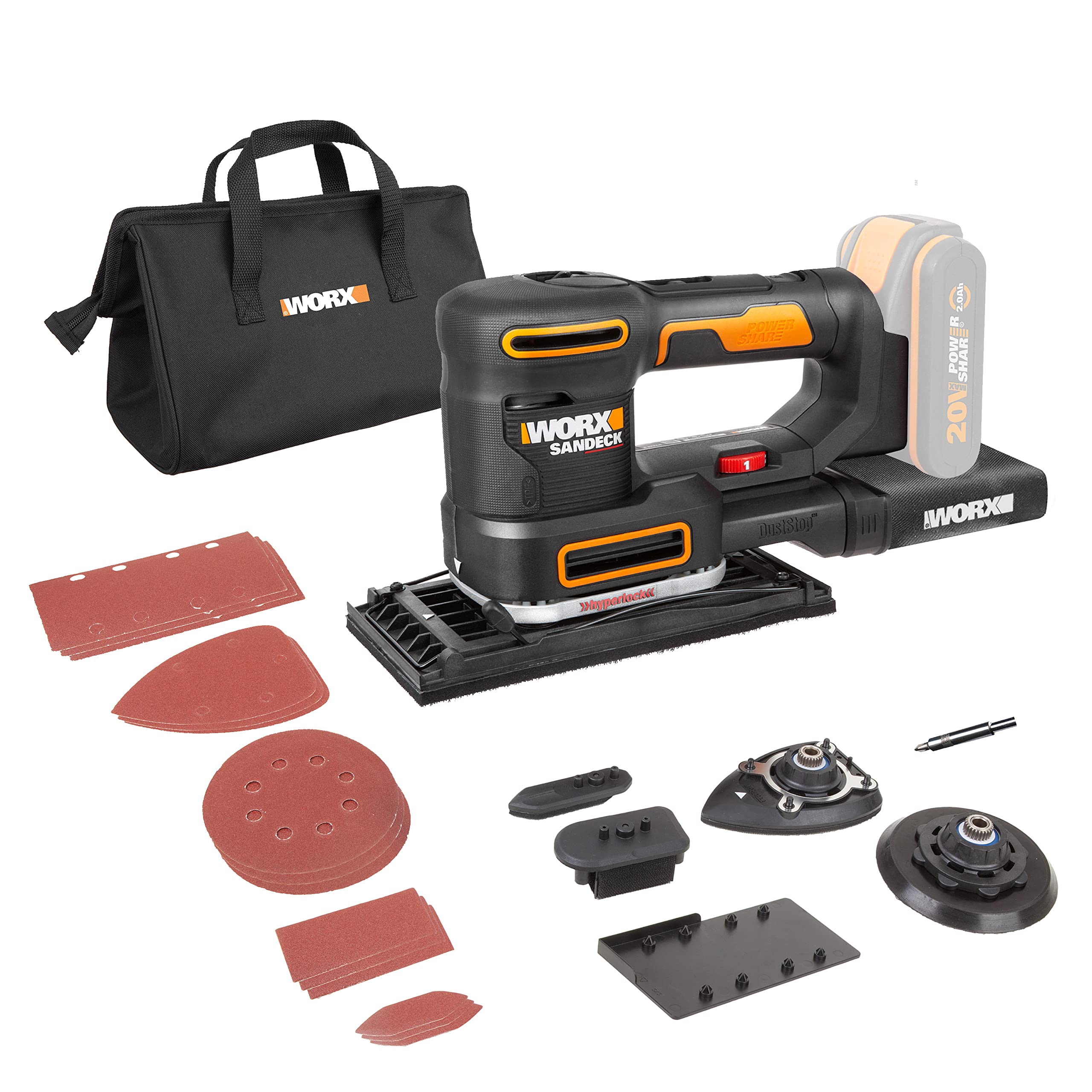 WORX WX820.9 Cordless Multi Sander - 5-in-1 Functions: Orbital, Fine, Detail, Contour & Finger Sanding - Variable Speed - PowerShare Compatible - Battery & Charger Not Included, Black - Perfect for Woodworking, DIY Projects & Home Renovation