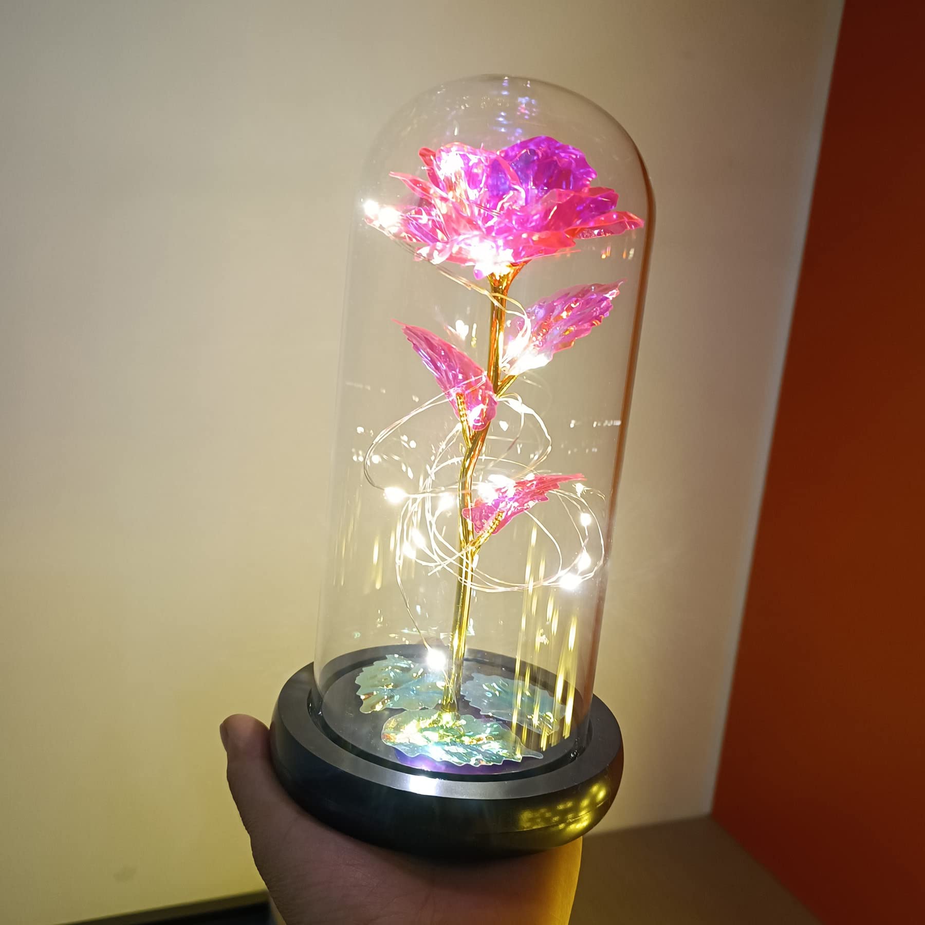 Romantic Valentine's Day Gifts for Her - Pink Rose in Glass Dome with LED Lights, Unique Birthday Anniversary Present for Wife, Girlfriend, Mom | Perfect for Bedroom Decor, Wedding Centerpiece & Special Occasion Gift Giving
