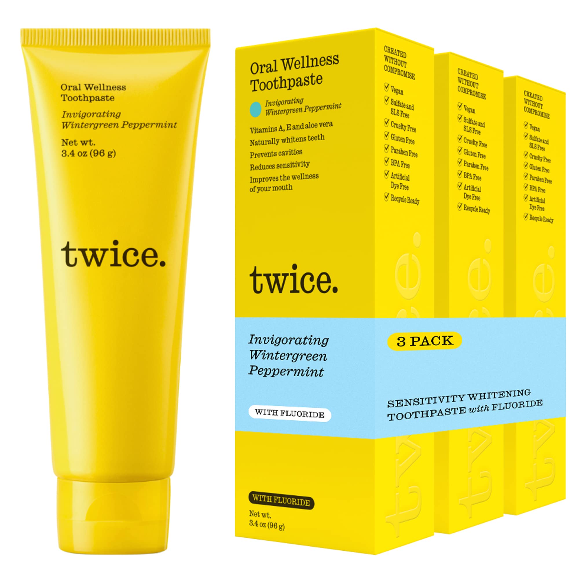 Twice Remineralizing & Whitening Toothpaste for Sensitive Teeth - SLS Free Fluoride Toothpaste with Wintergreen & Peppermint - Cavity Protection (3-Pack) | Gentle Daily Care for Sensitive Smiles
