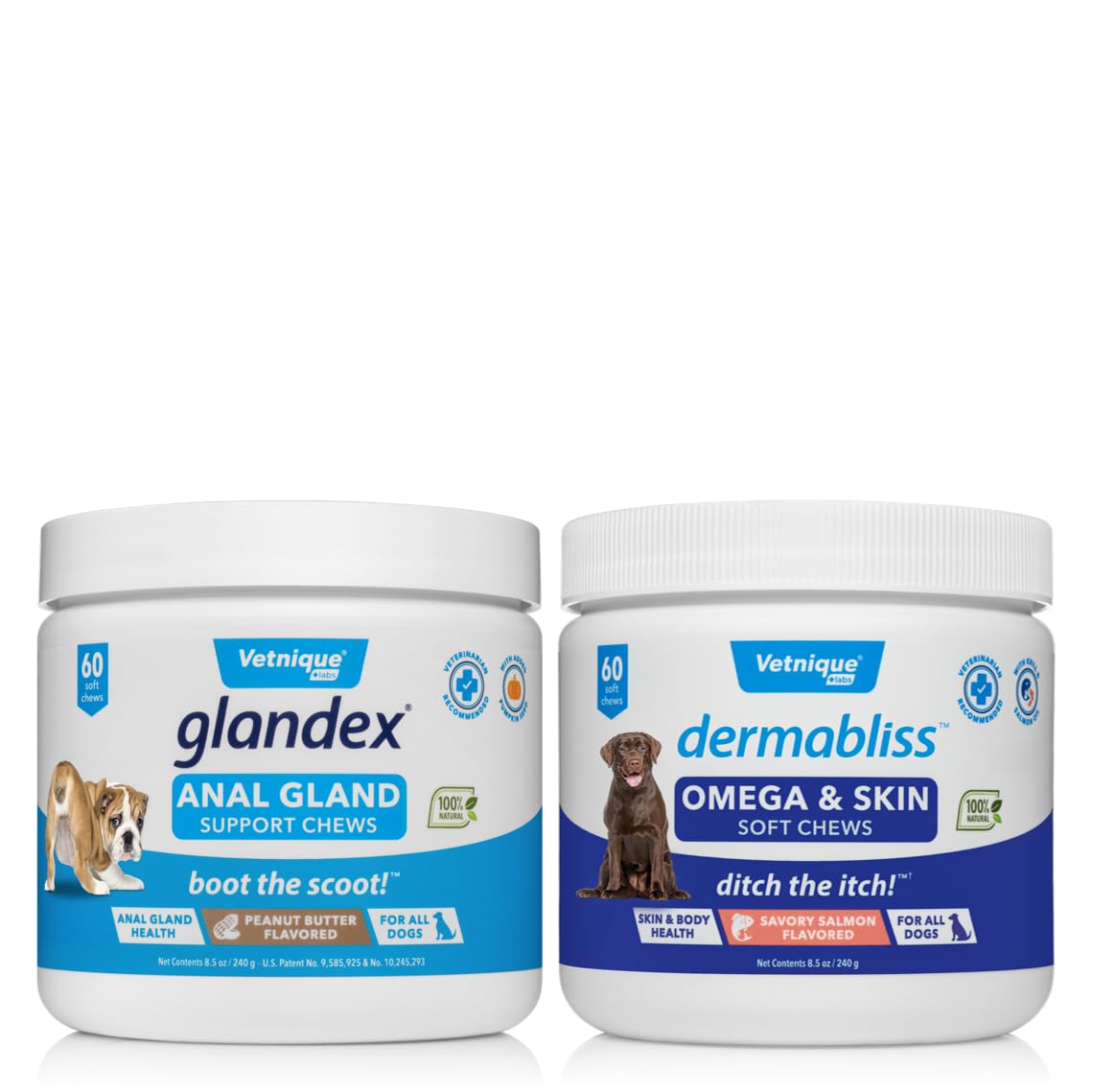 VETNIQUE Dermabliss Omega & Skin Supplement Chews for Dogs (60 Count) & Glandex Anal Gland Support Peanut Butter Soft Chews for Dogs (60 Count) Bundle - Dog Skin Care & Anal Gland Health Combo for Itchy Skin Relief and Digestive Support