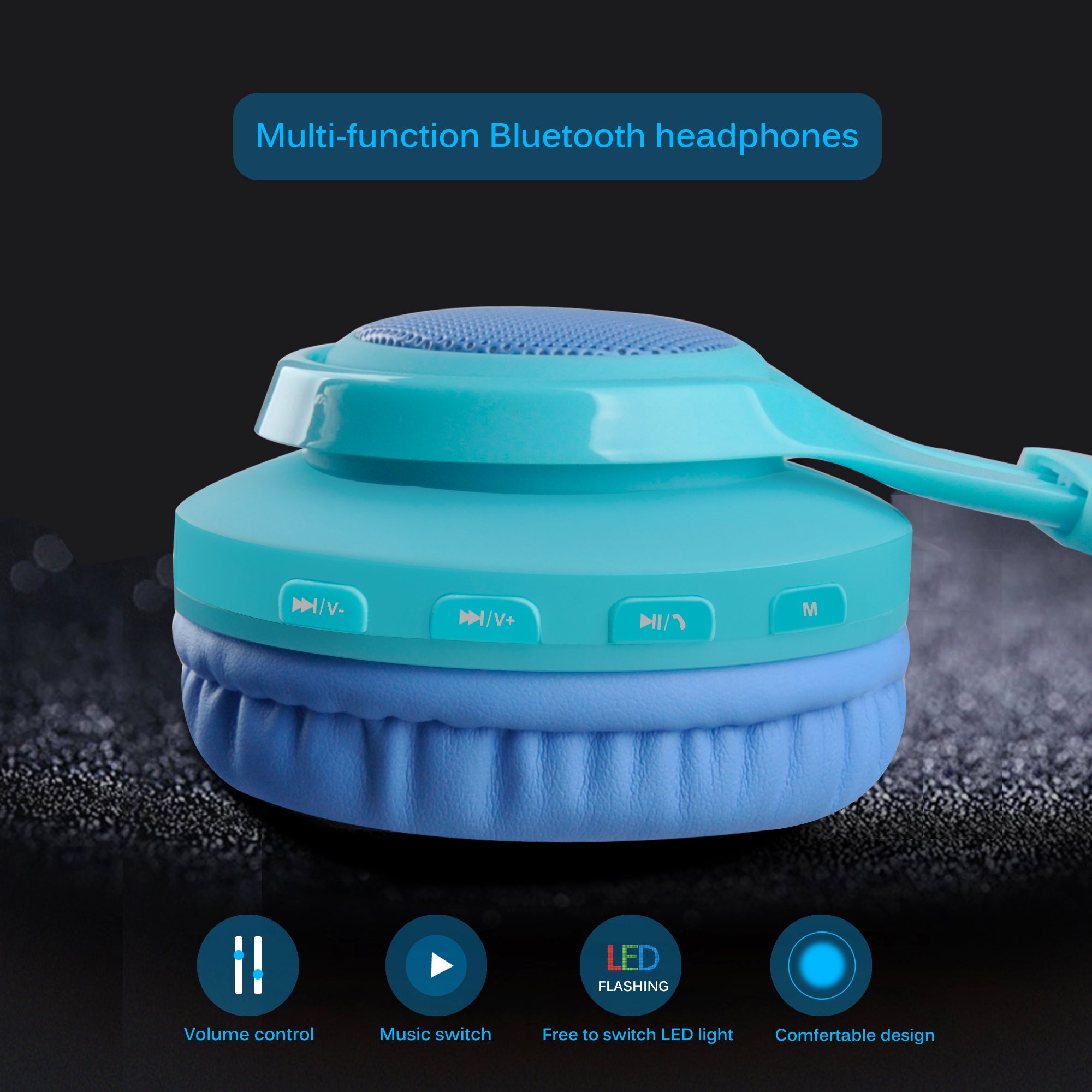 Riwbox WT-7S Kids Bluetooth Headphones with LED Lights - Wireless Foldable Stereo Headset with Built-in Mic & Volume Control - Compatible with PC, Tablet, TV - Perfect for School, Travel & Home Use (Blue)