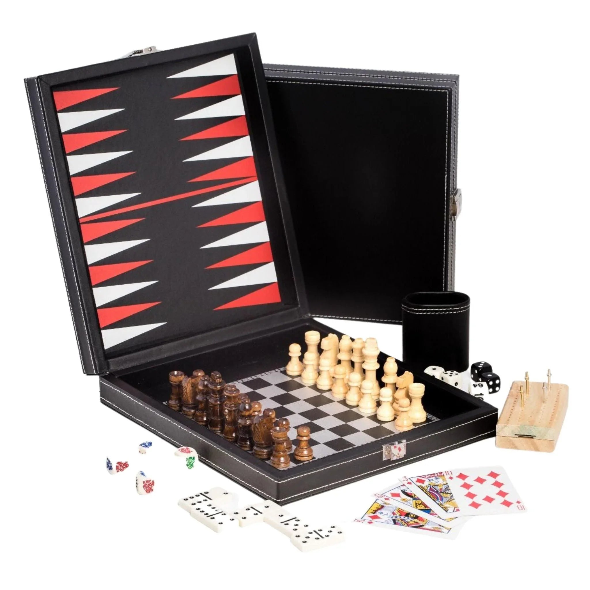 5-in-1 Multi Game Set with Chess, Checkers, Backgammon, Dominoes & Cards - Premium Black Leatherette Travel Case - Perfect for Family Game Nights, Travel & Indoor Entertainment