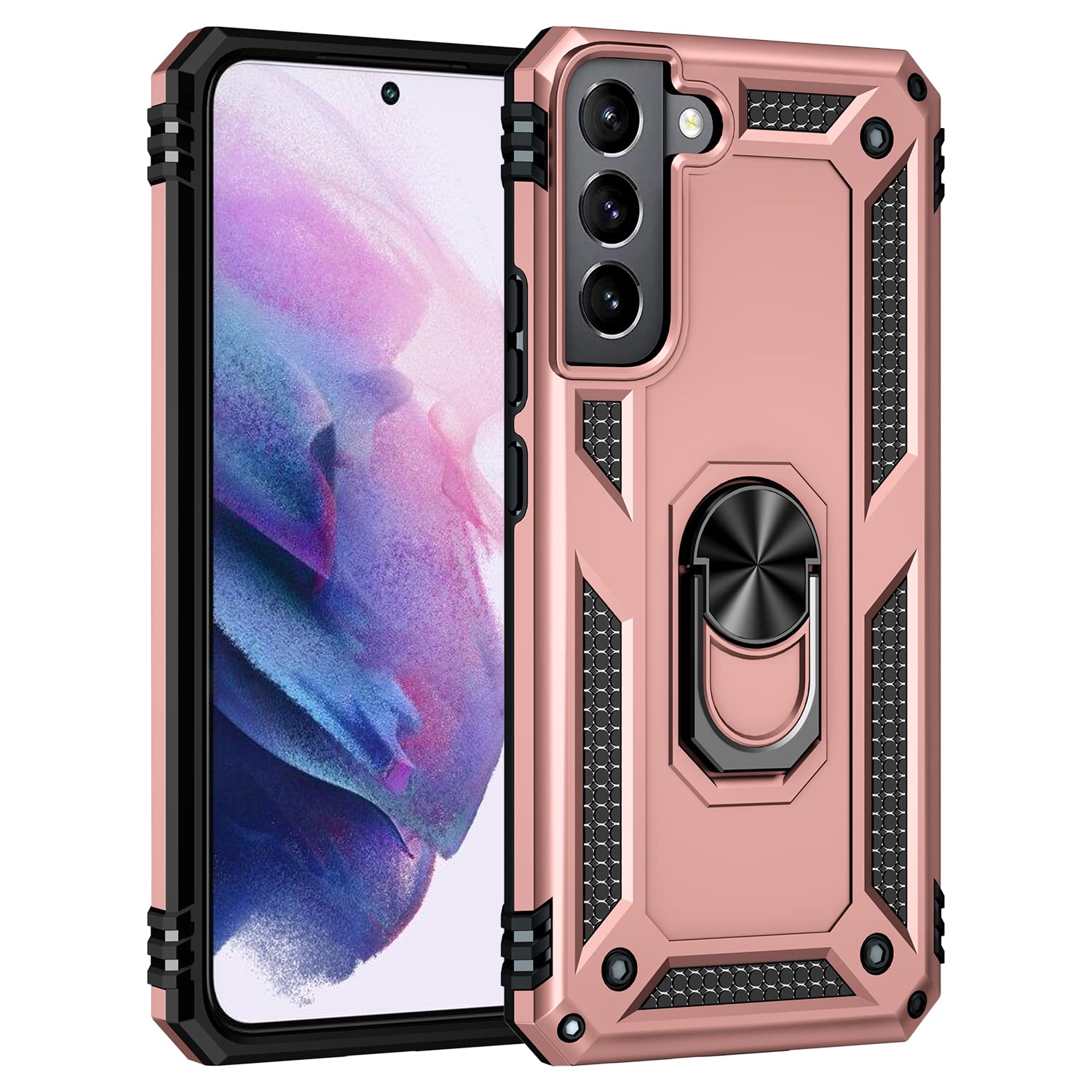 Military Grade Shockproof Case for Samsung Galaxy S22 Plus 5G with 360° Rotating Metal Ring & Kickstand | Heavy Duty Armor Protection in Rose Gold | Perfect for Outdoor Adventures, Work & Travel